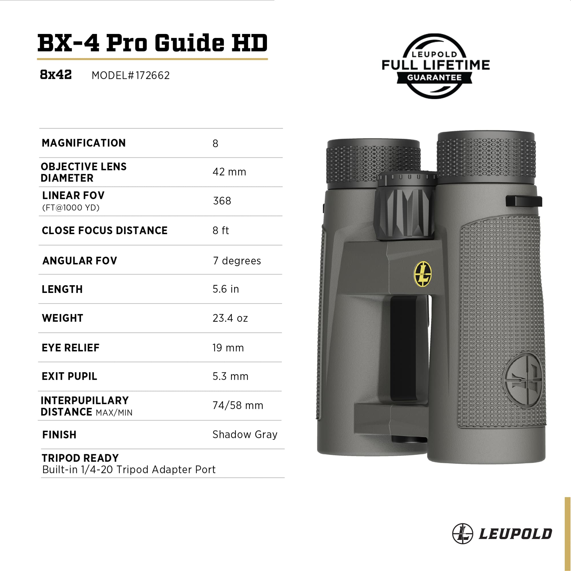 Leupold Bx 4 Pro Guide Hd Binoculars, 8X42Mm, Shadow Gray (172662)
