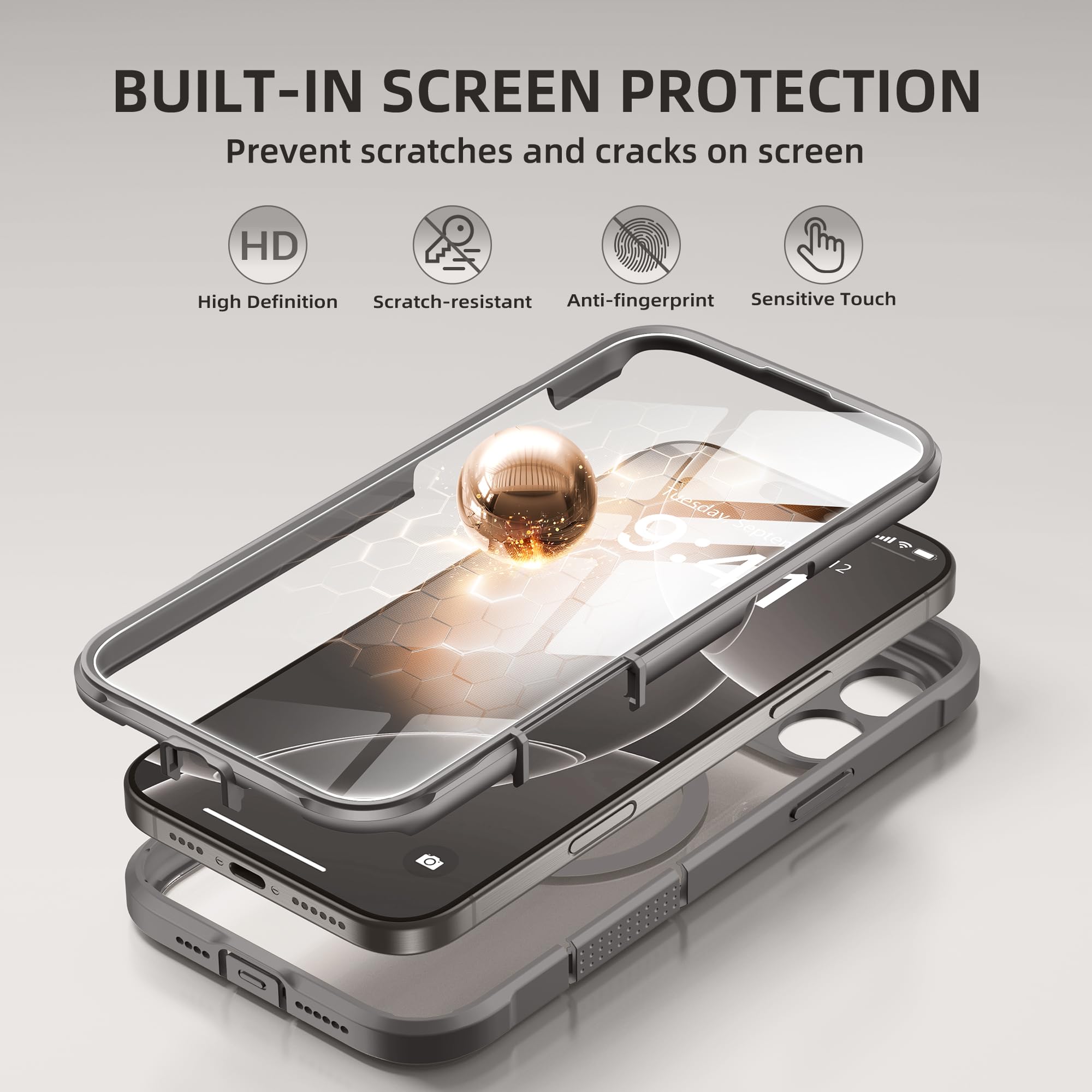 Berfy Magnetic For Iphone 16 Pro Max Case, Compatible With Magsafe, [Built In 9H Tempered Glass Screen Protector & Upgraded Came