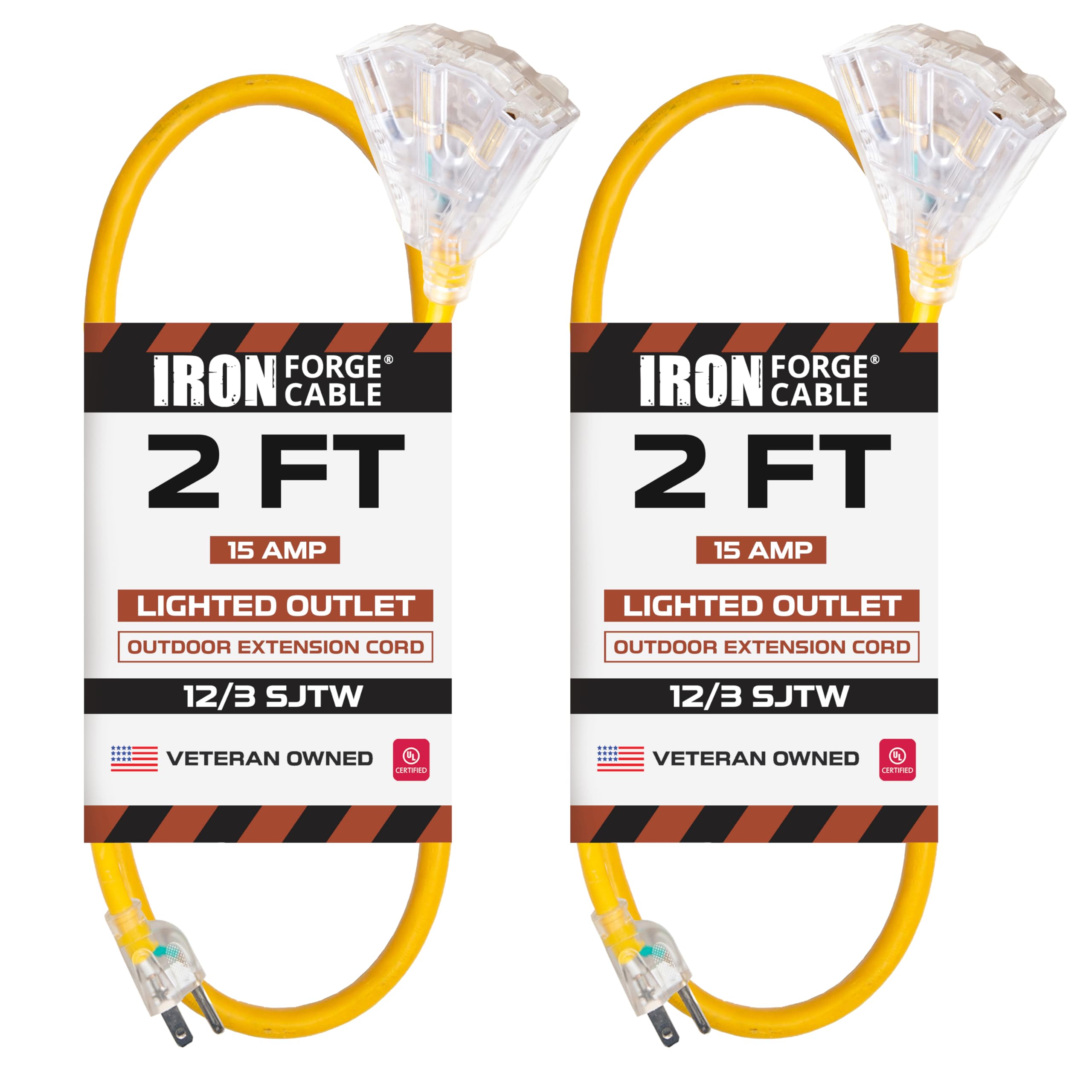 Iron Forge Cable Lighted Outdoor Extension Cord 2 Ft 3 Outlets, 2 Pack, 12 Gauge Heavy Duty Extension Cord With Multiple Outlets