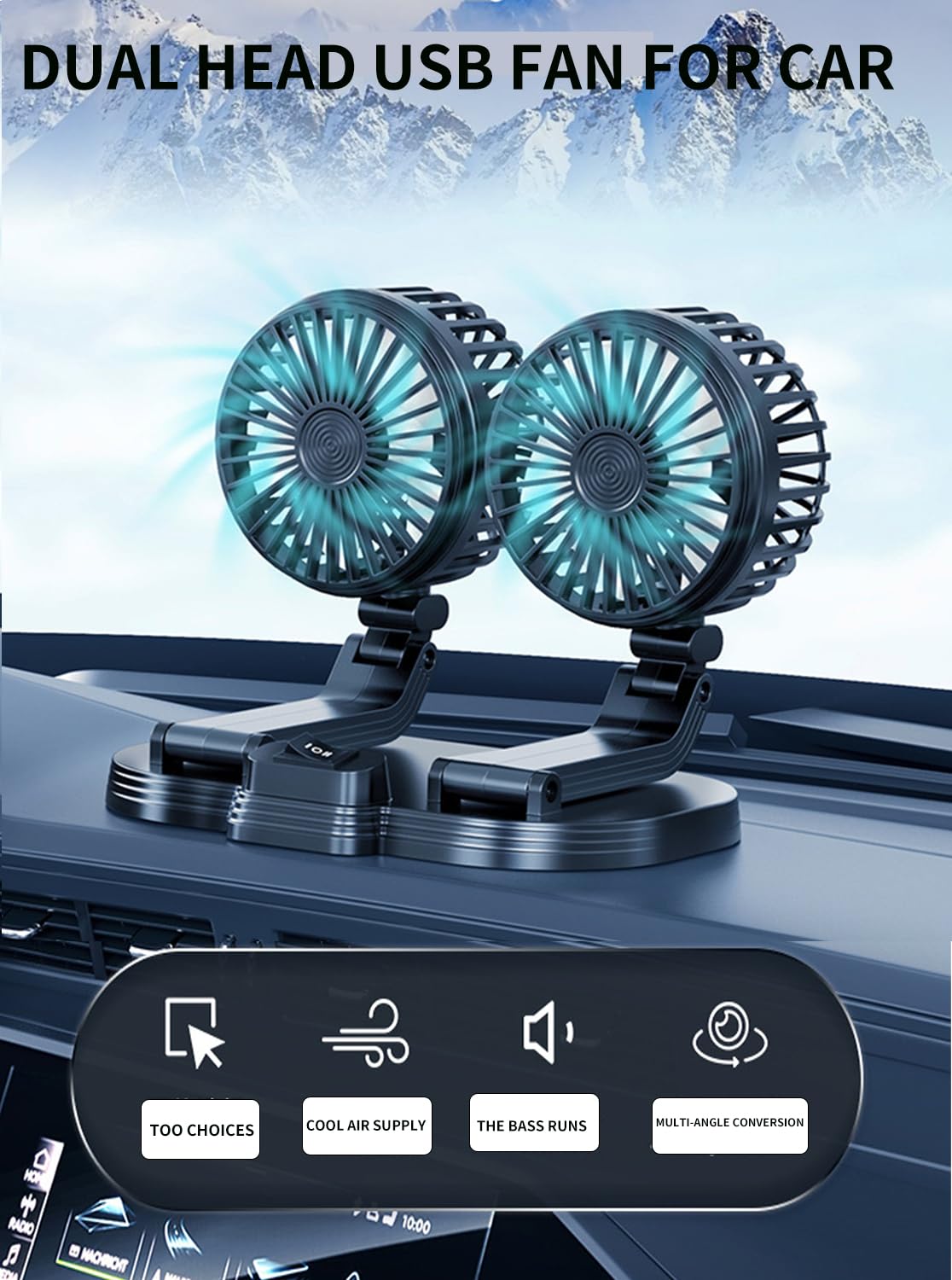 Hiakkapp X Portable Dual Head USB Car Fan 360° Rotation 2 Speed Plastic Black