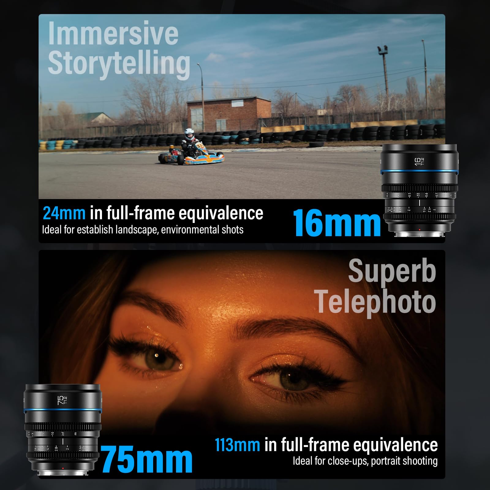 Sirui Night Walker T1.2 S35 Cine Lens Set, 16Mm, 75Mm, Large Aperture Manual Focus Lens (Ms 2Seb, E Mount, Black)