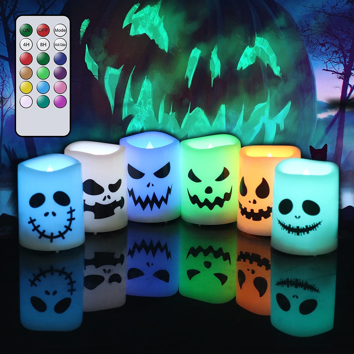 Genswin Halloween Flameless Votive Candles Color Changing With Remote Timer, Battery Operated Led Tealight Candles For Halloween
