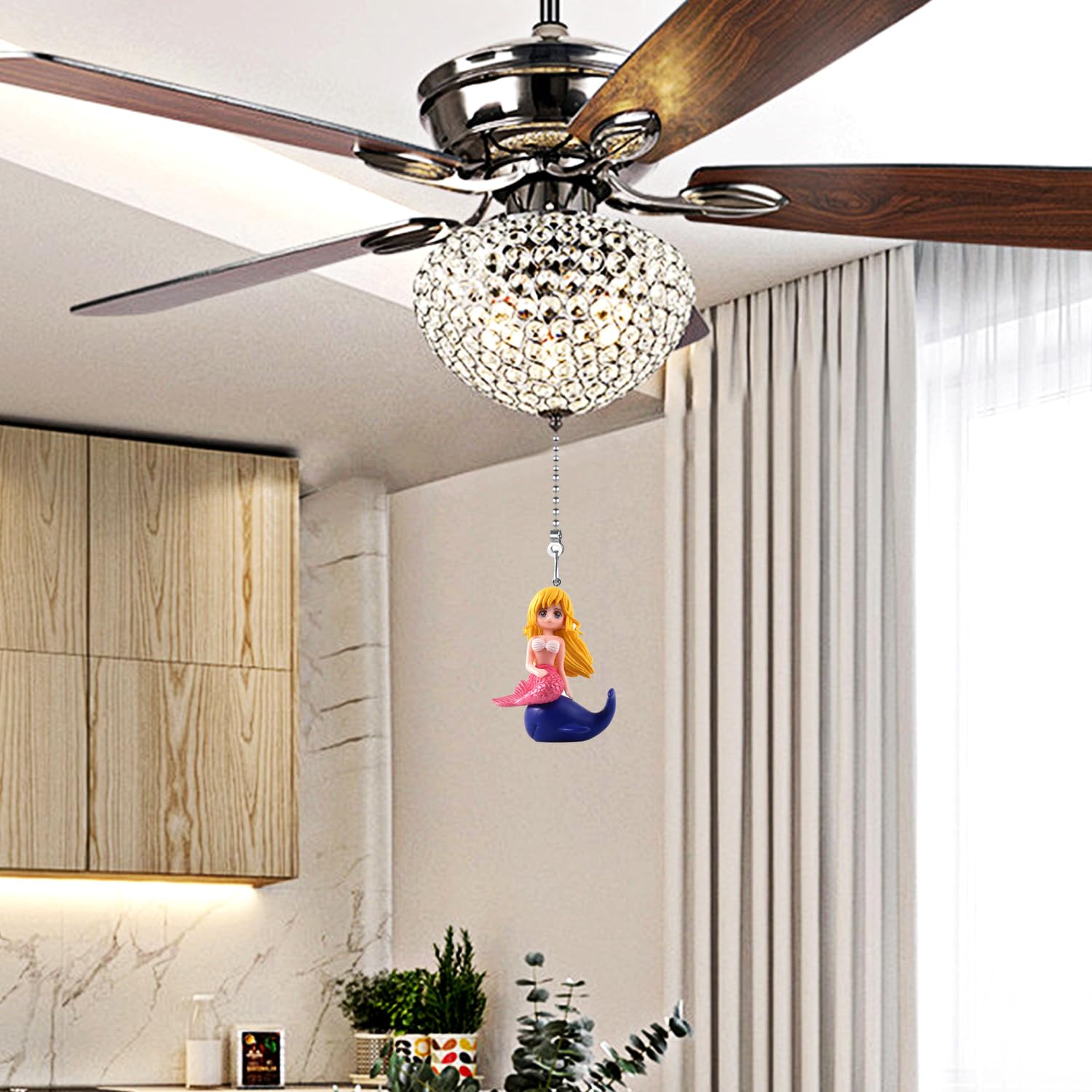 Dotlite Mermaid Ceiling Fan Pull Chain,Cute Mermaid With Dolphin Pulls Charm Extension Decorative,12In 3Mm Diameter Beaded Fan L