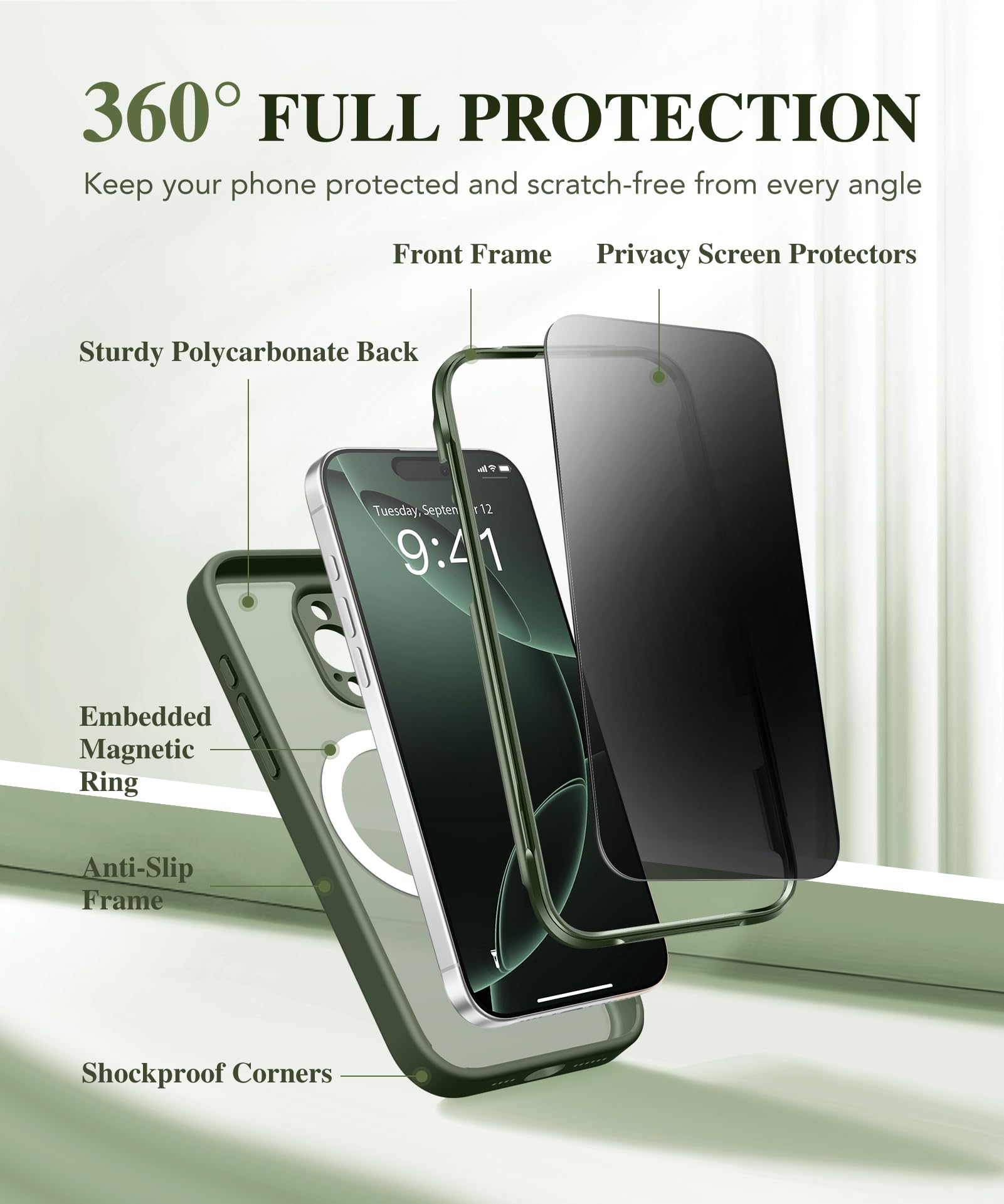 Berfy Magnetic For Iphone 16 Pro Max Case, Compatible With Magsafe, With Privacy Screen Protector, [Upgraded Camera Protection],