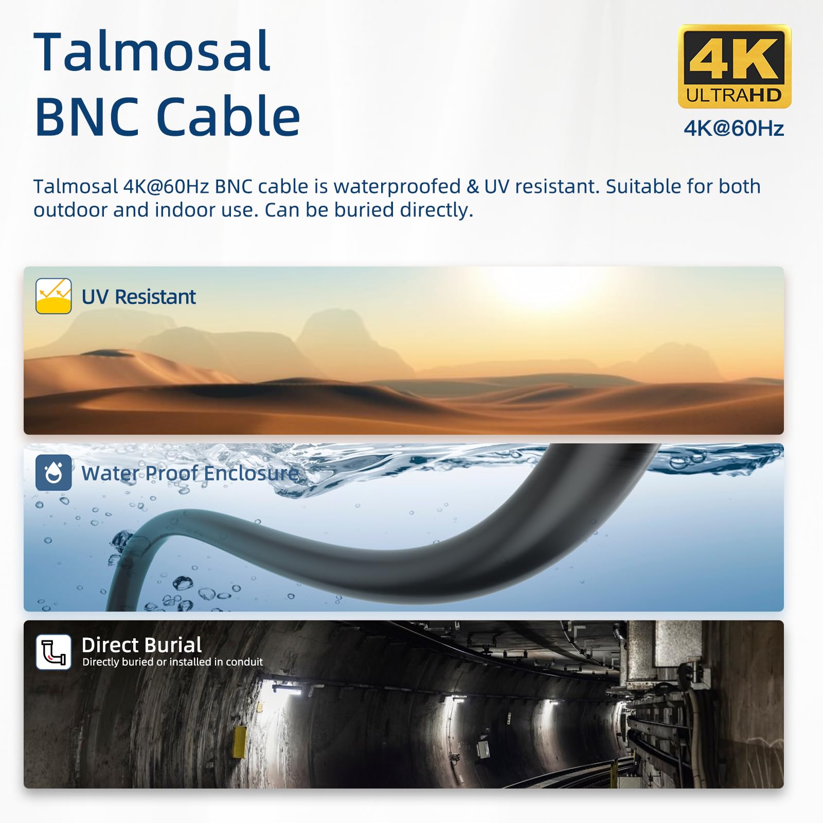 Talmosal 12G Sdi Cable 10 Ft, Rg11 Coax 4K Bnc Cable Supports Hd Sdi/3G Sdi/6G Sdi/12G Sdi/4K/8K 75 Ohm 4K Sdi Video Cable For B