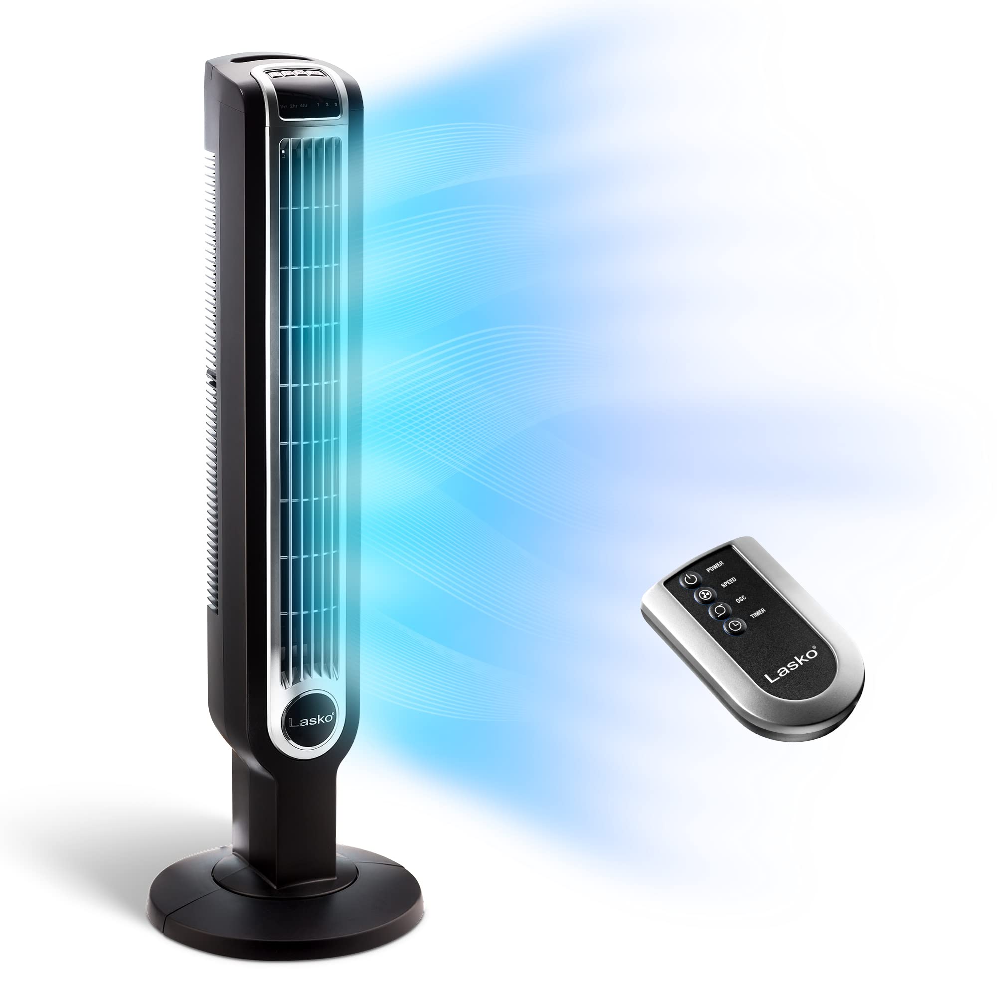 Lasko Oscillating Tower Fan, 3 Quiet Speeds, Timer, Remote Control, For Bedroom, Kitchen, Office, 36'', Black, 2511