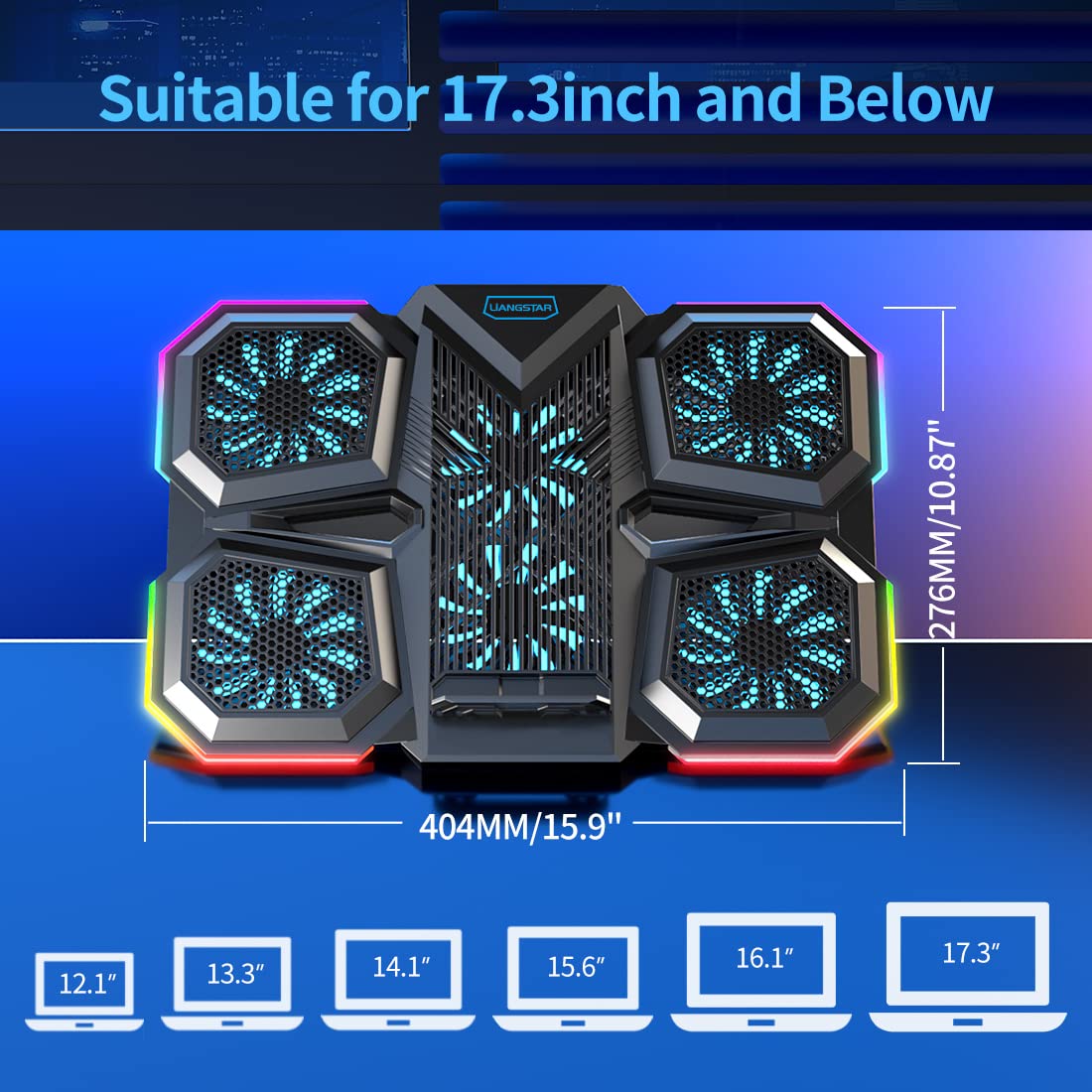 Liangstar Laptop Cooling Pad Gaming Laptop Cooler, Laptop Fan Cooling Stand With 6 Quiet Fans For 15.6 17.3 Inch, 7 Height Adjus