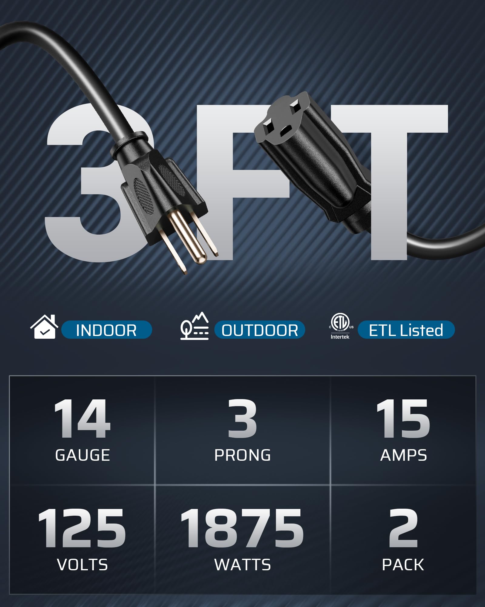 Dewenwils Extension Cord 3Ft, 14/3 Sjtw Weatherproof Power Cable For Indoor Outdoor Use, 3 Prong Heavy Duty Power Cord, Nema 5 1