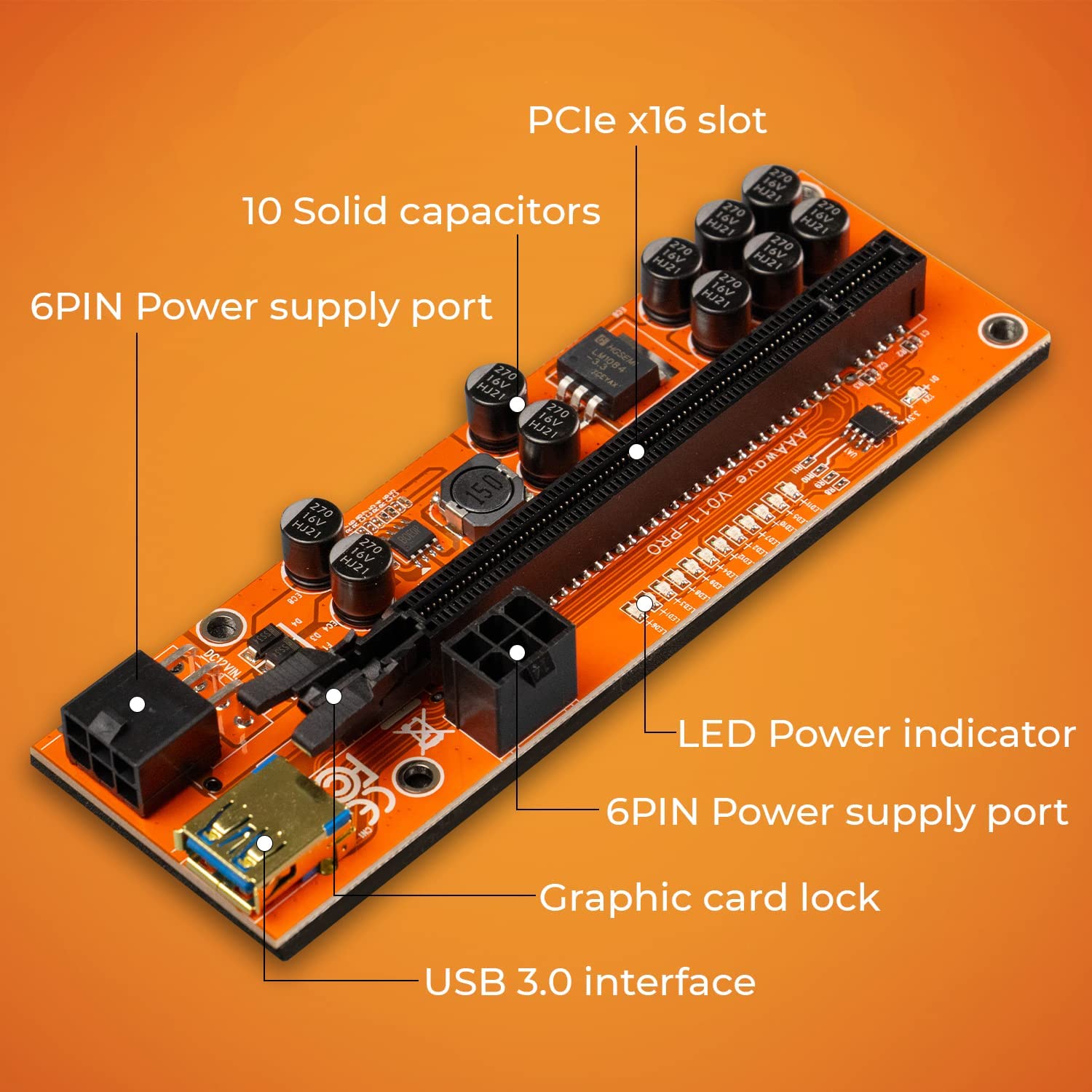 Aaawave Pcie Riser Ver 011 Pro 1X To 16X Graphic Extension For Gpu Mining 60Cm Usb 3.0 Cable, 10 Solid Capacitors, 12 Led Lights