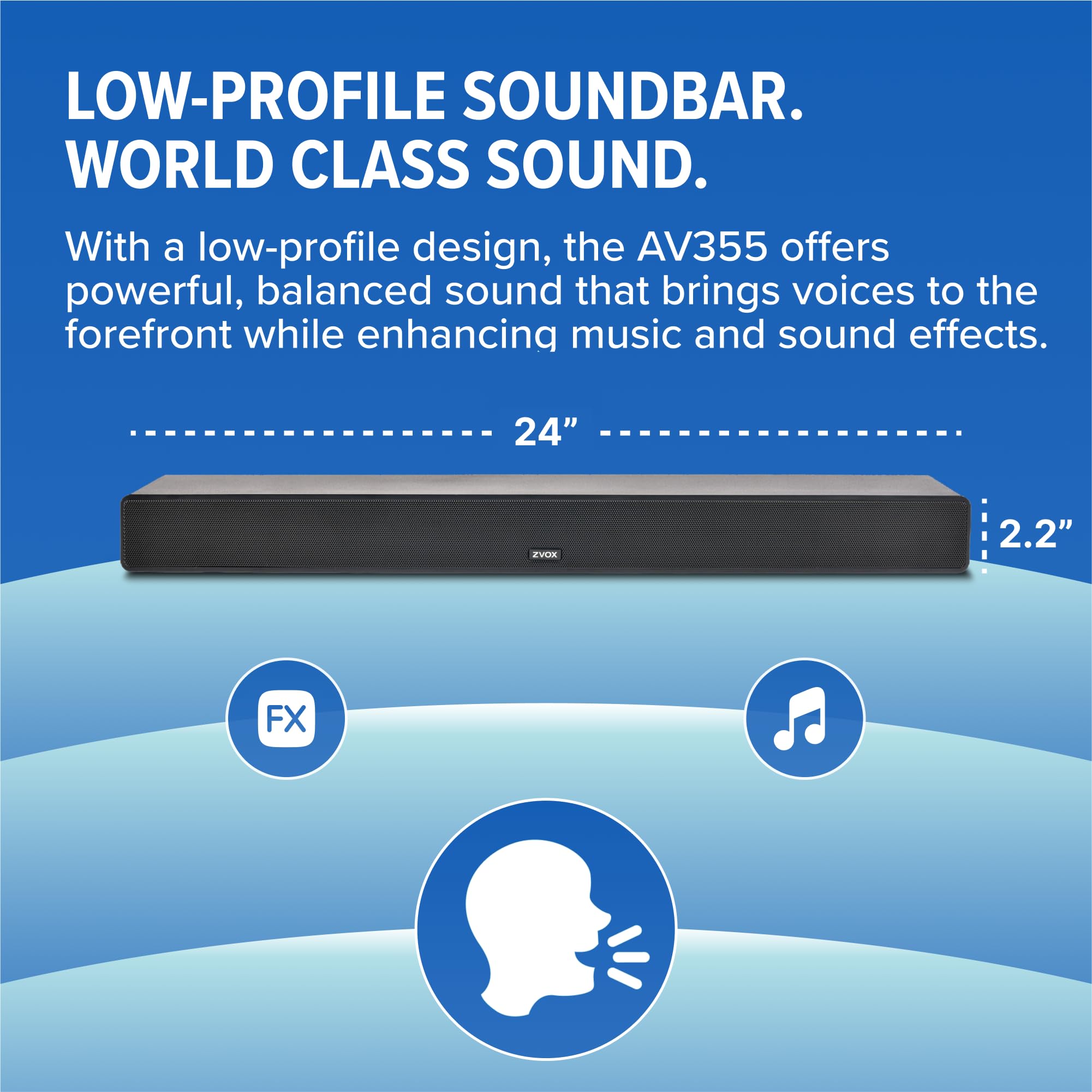 Zvox Dialogue Clarifying Sound Bar With Patented Hearing Technology   Low Profile, Twelve Levels Of Voice Boost   Home Theater A