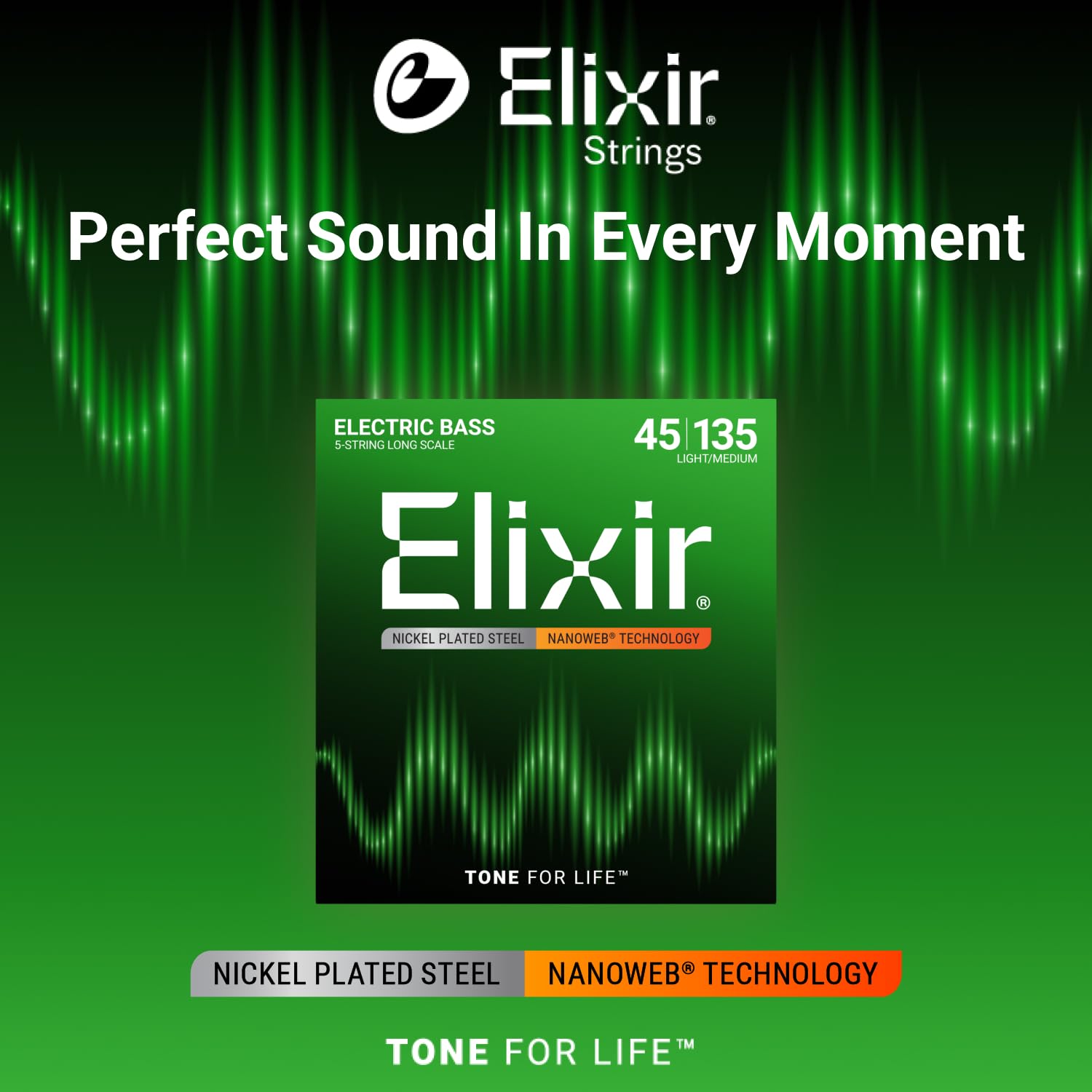 Elixir Strings Nickel Plated Steel 5 String Bass Strings W Nanoweb Coating, Long Scale, Light/Medium (.045 .135)