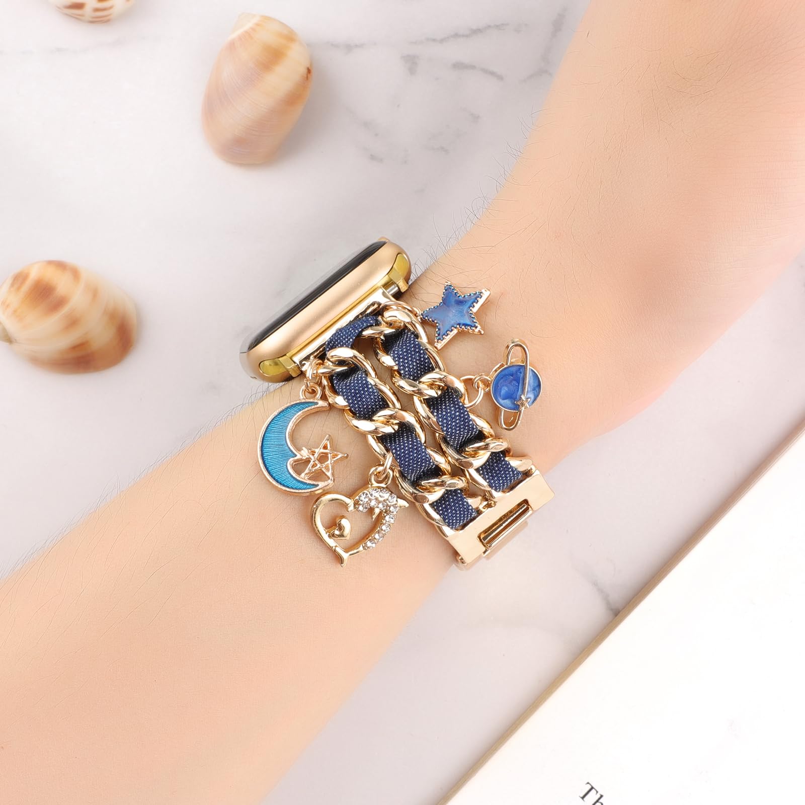 Realsign Stylish Metal Wristband Compatible With Apple Watch Band 38Mm 40Mm 41Mm,Cuban Chain With Blue Jean Bracelet Star Moon L