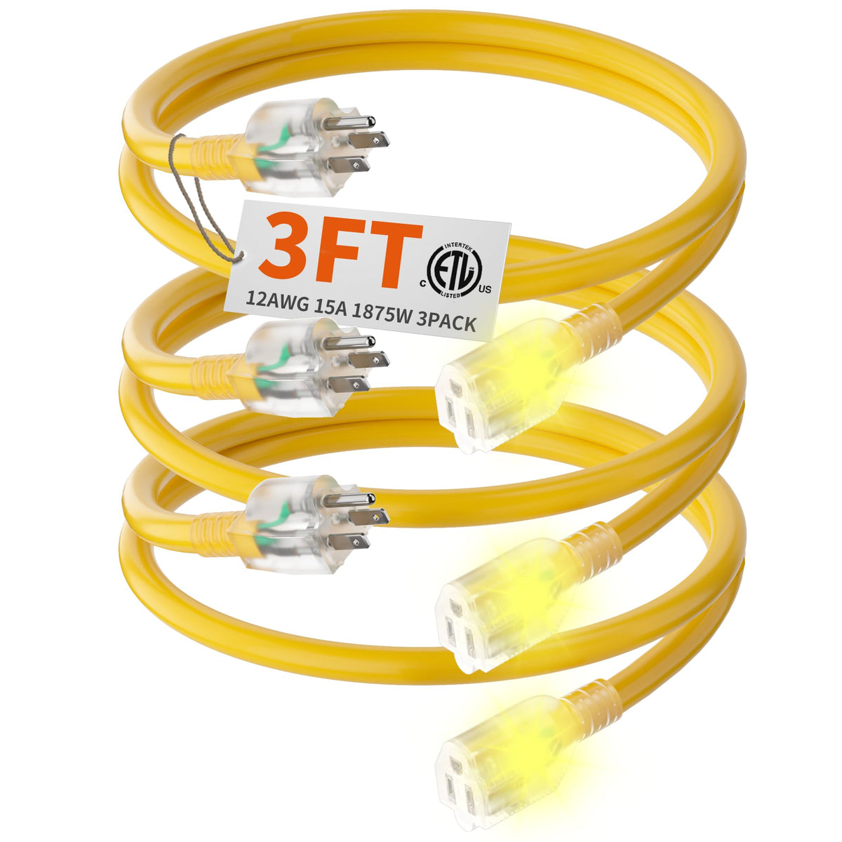 Huanchain 3 Pack 3 Ft 12/3 Gauge Heavy Duty Outdoor Extension Cord Waterproof With Lighted, Flexible Cold Weather 3 Prong Electr