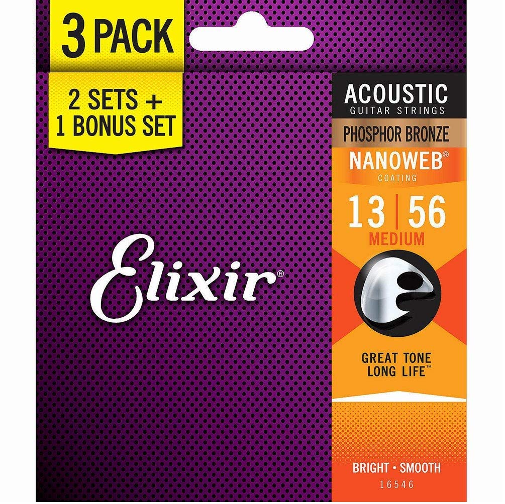 Elixira Strings 16546 Acoustic Phosphor Bronze Guitar Strings With Nanoweba Coating, 3 Pack, Medium (013 056)