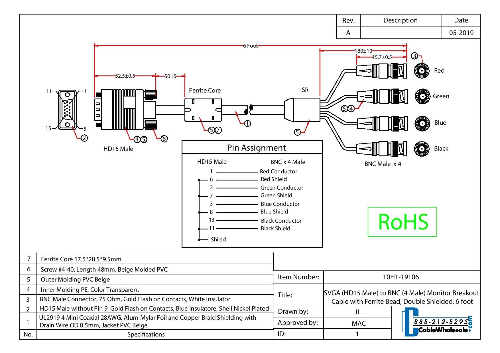 Cablewholesale Svga To Bnc Cable, Hd15 Vga To 4 Bnc Monitor Breakout Cable With Ferrite Bead, Svga Male/Male Bnc Cable, Double S