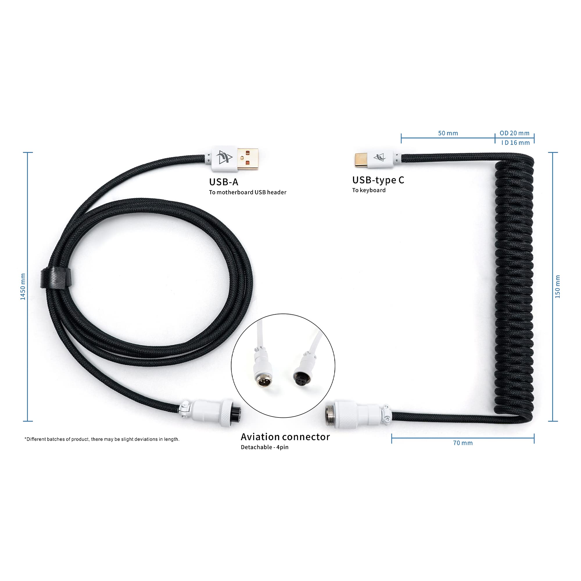 Formulamod Coiled Usb C Keyboard Cable For Mechanical Keyboard, Coiled Usb Aviator Cable For Keyboard, Pro Double Sleeved Cable