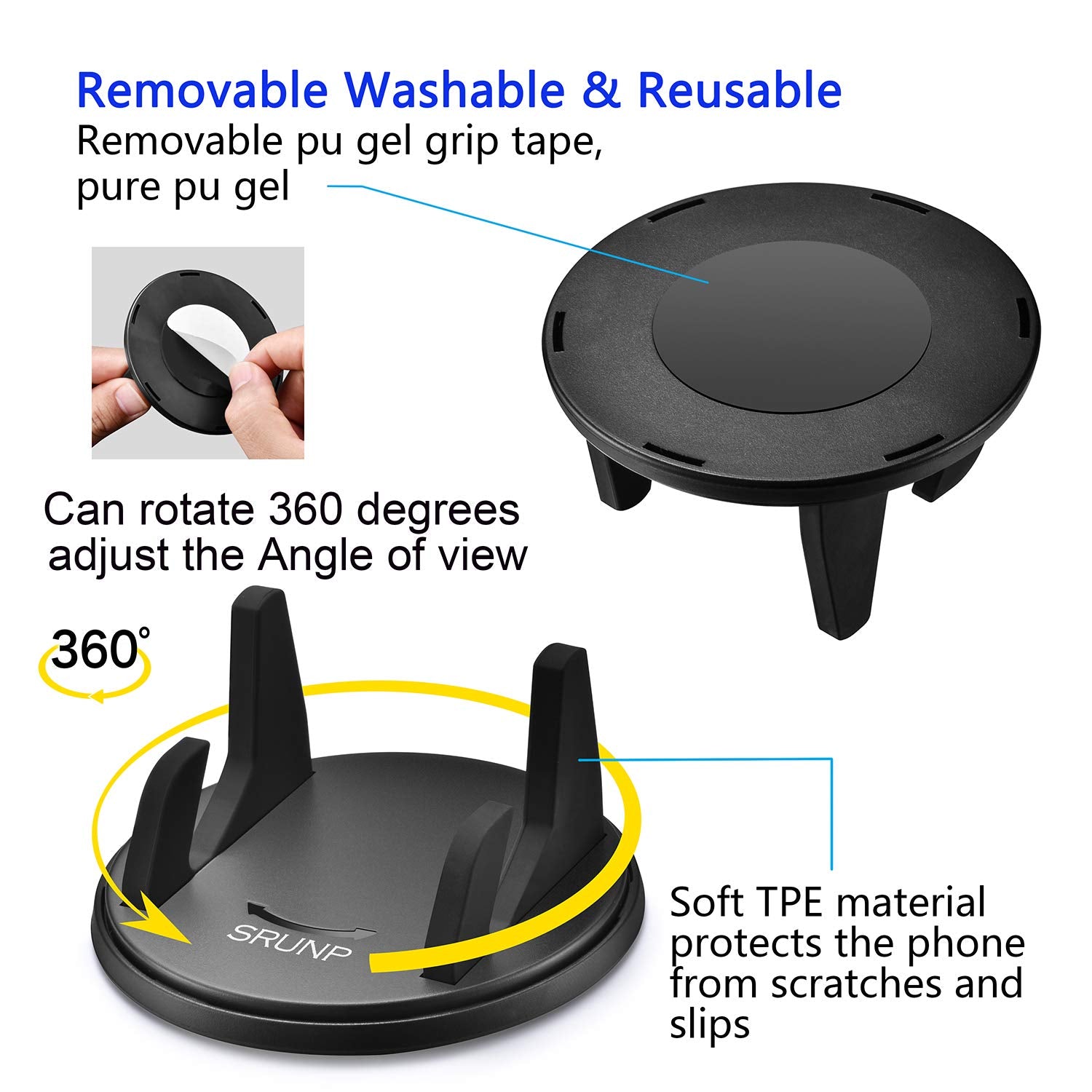 Srunp Car Phone Mount With Three-Point Support For Car Dashboard, 360 Degree Rotatable Washable Cell Phone Holder For Car Compat