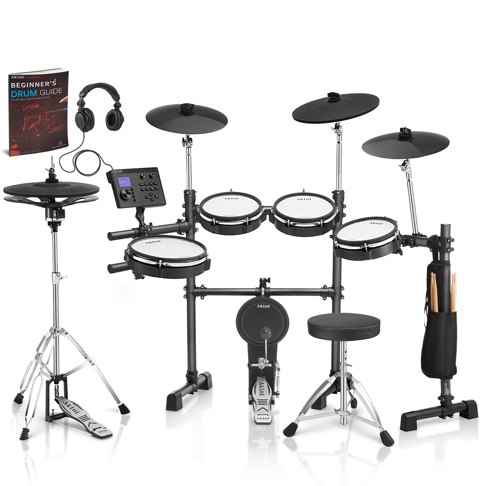 AKLOT Expanded-Size Electric Drum Set: 12 Two-Piece Standalone Hi-Hat, Independent Kick Drum and 10 Dual-Zone Snare, 12 Tr