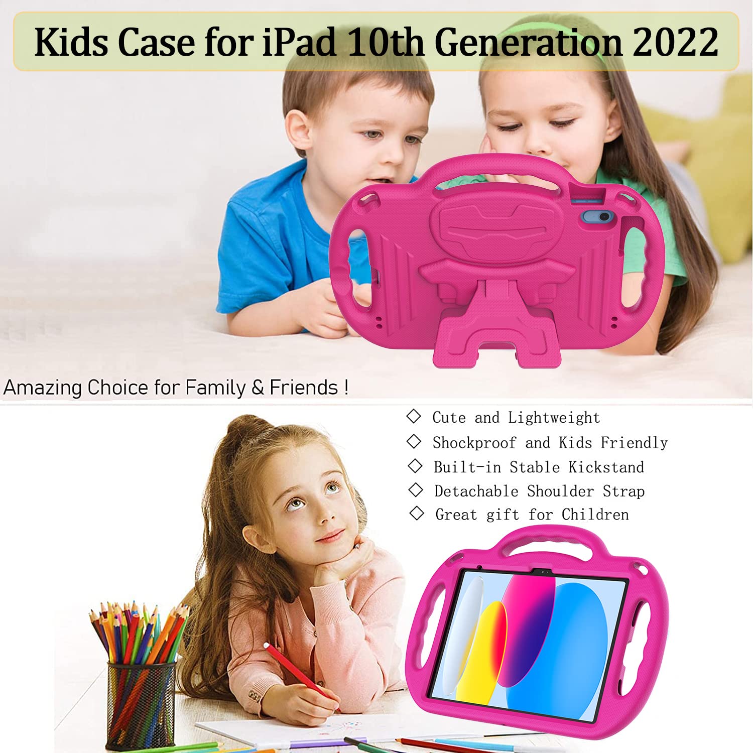 Ltrop Kids Ipad 10.9 Case With Shoulder Strap, Shockproof, Durable, Protective, Vibrant Hot Pink, Perfect For 2022 Ipad 10Th Gen