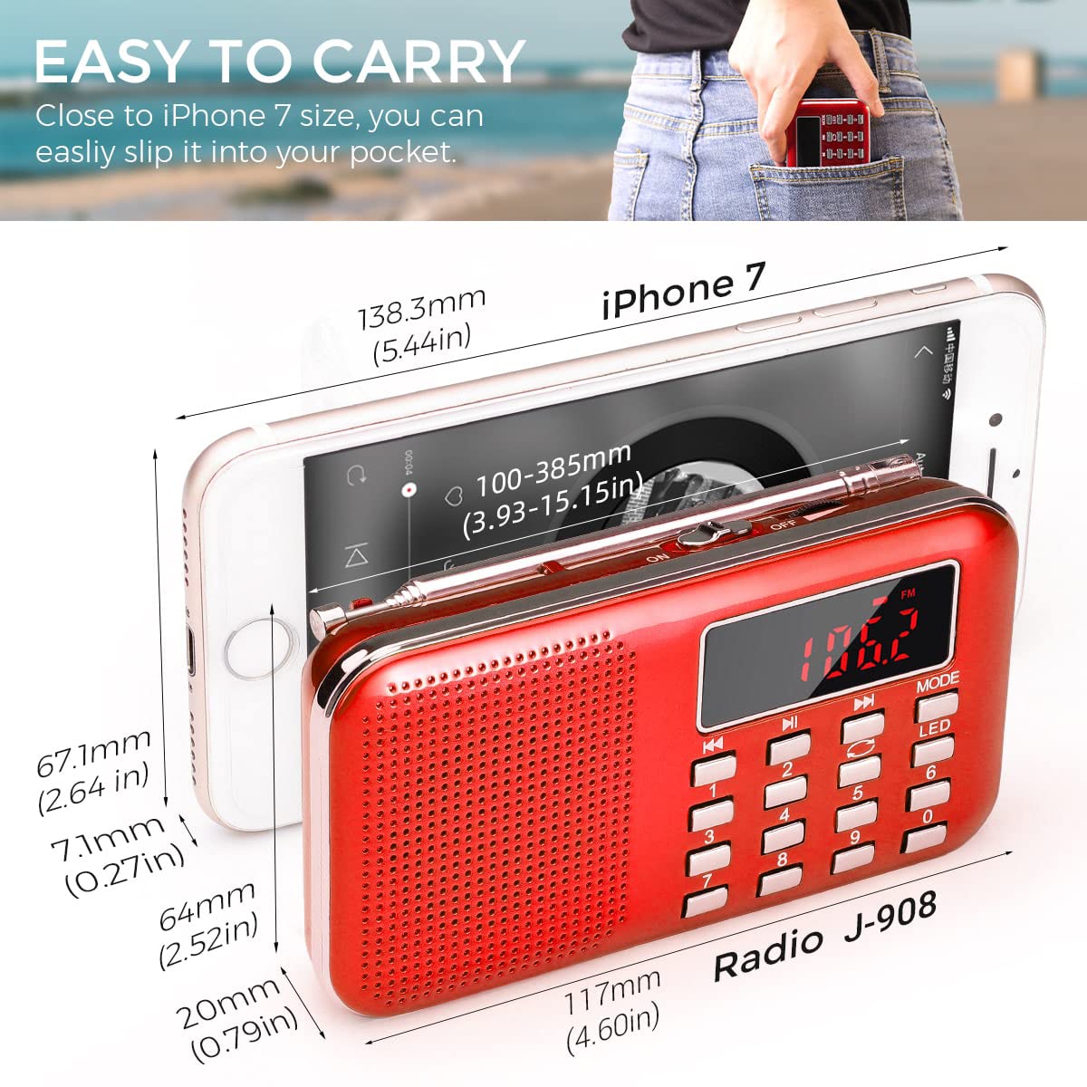 Mini Portable Radio Am Fm Pocket Radio With Mp3, Led Flashlight, Digital Radio Speaker Support Micro Sd/Tf Card/Usb, Auto Scan Save, 1200Mah Rechargeable Battery Operated, By Prunus[Latest Version]