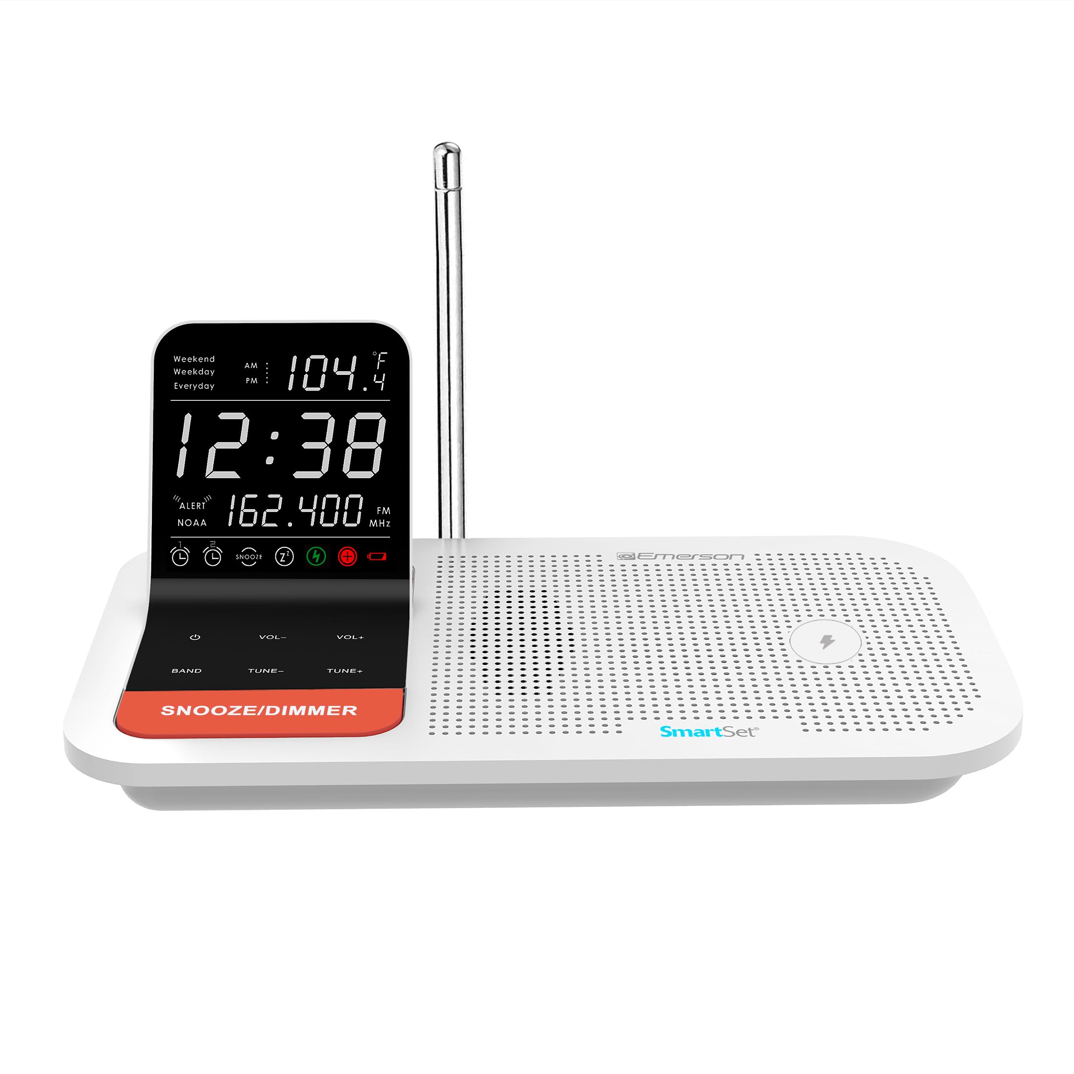 Emerson Wbs12 Smartset Weather Band Temperature Sensor, Dual Alarm Clock Radio With Wireless Charging, Usb Charger And Black Bac