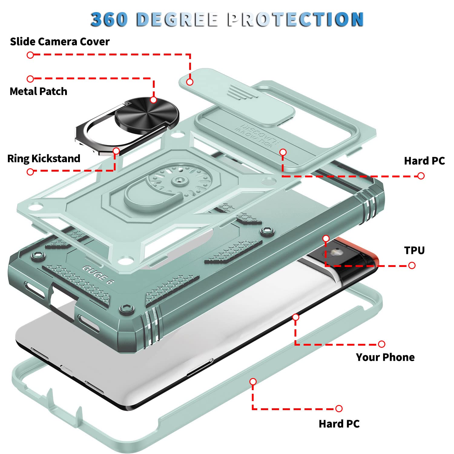 Fetrim Case For Google Pixel 6 Pro, Camera Cover Phone Case With Rotation Ring Stand For Google Pixel 6 Pro   Green