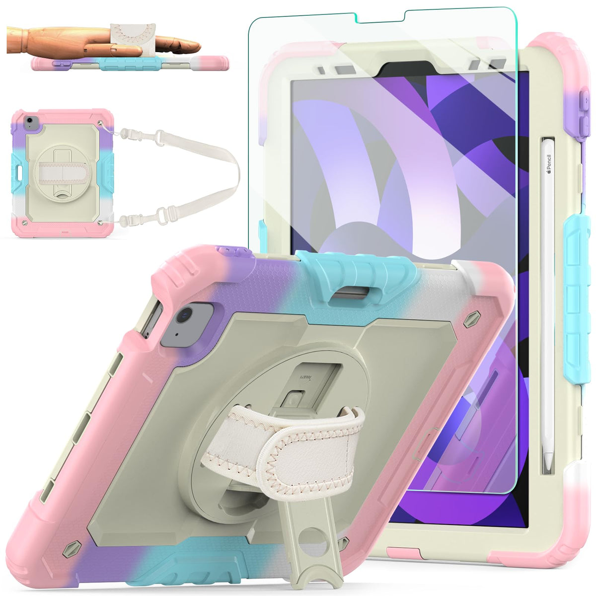 Ipad Air 5Th/4Th Generation Case 10.9'' 2022/2020, [Kids Proof] Ambison Full Body Protective Case With 9H Tempered Glass Screen Protector, Rotatable Kickstand/Hand Strap, Shoulder Strap (Light Pink)