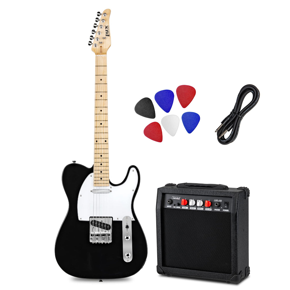 Lyxpro 39� Electric Telecaster Guitar Kit, 20 Watt Amp Speaker, Solid Full Size Wood Body, C Shape Neck, Quality Gear Tuners, 3 Way Switch & Volume/Tone Controls, 12 Picks And Cable Included   Black