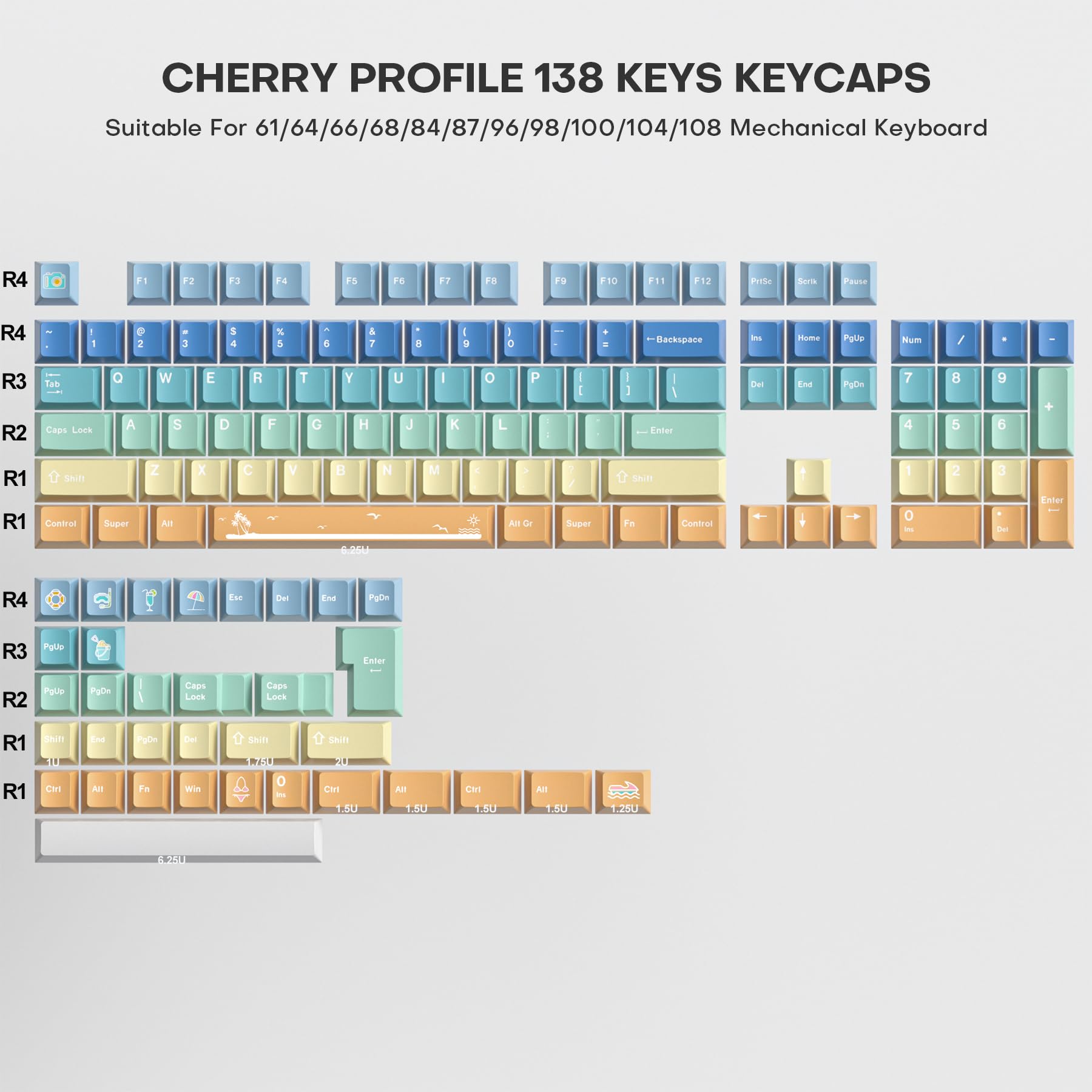 Fogruaden Pbt Gradient Keycaps Dye Sublimation Cute Keycaps, Cherry Profile, 138 Keys Custom Keycaps Set For Cherry Gateron Mx S