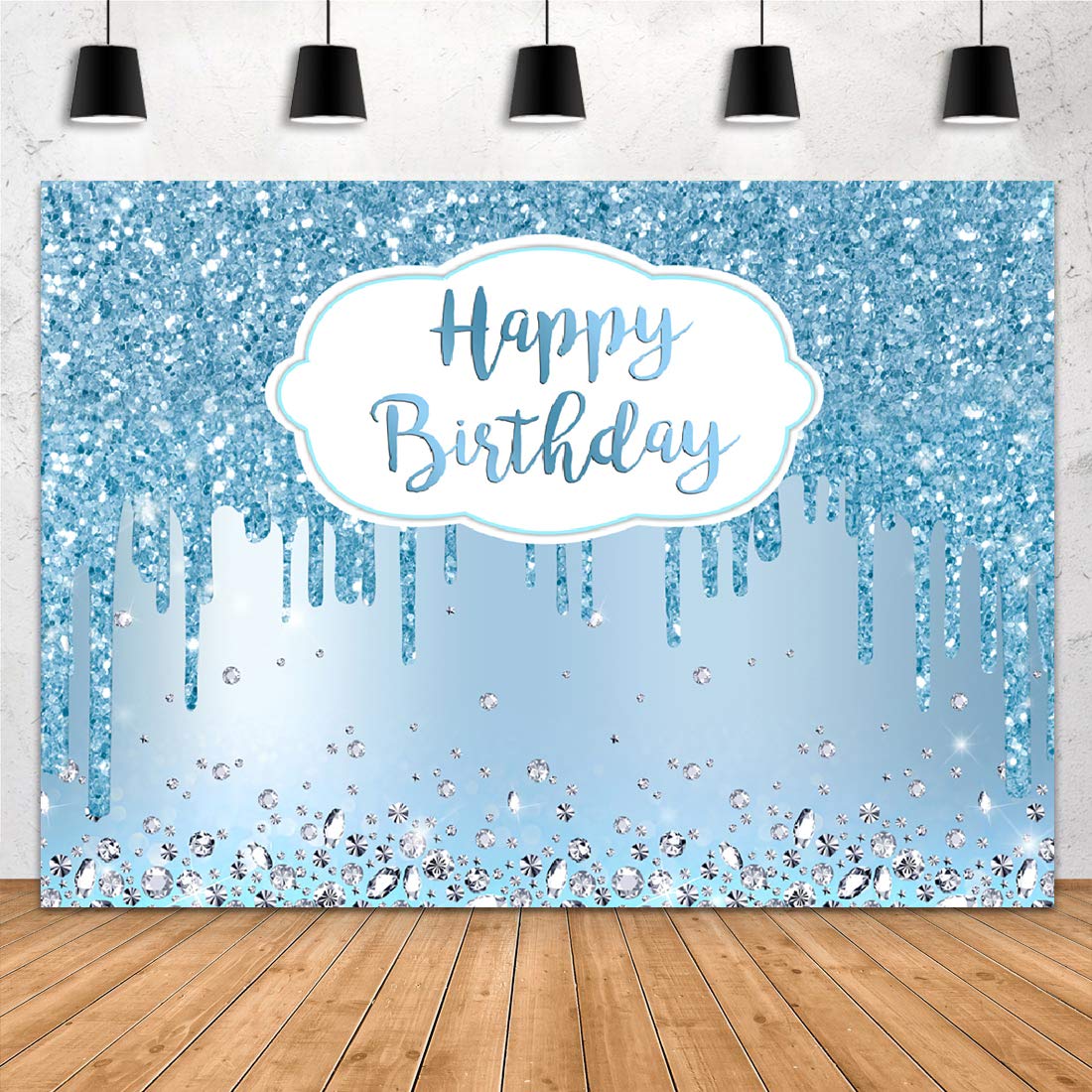 Aperturee 7X5Ft Blue Happy Birthday Backdrop Glitter Diamonds Girls Sweet 16 18Th 21St 30Th 40Th 50Th Women Photography Background Banner Supplies Photo Booth Studio Props Party Decoration Cake Table