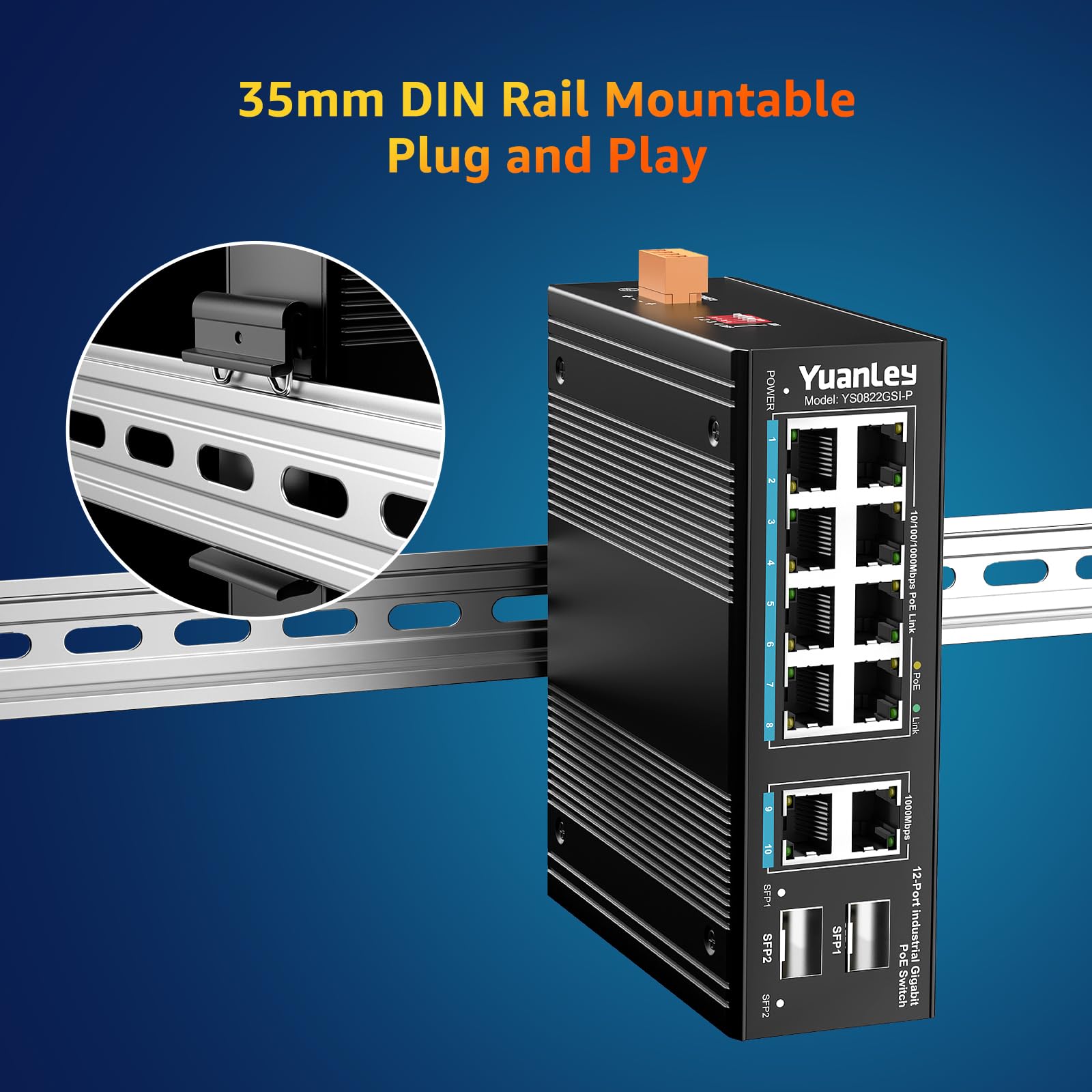 Yuanley 12 Port Industrial Switch With 8 Port Poe Gigabit, 2 1000Mbps Uplink, 2 Sfp Port, Unmanaged Din Rail Poe Switch, Ieee802