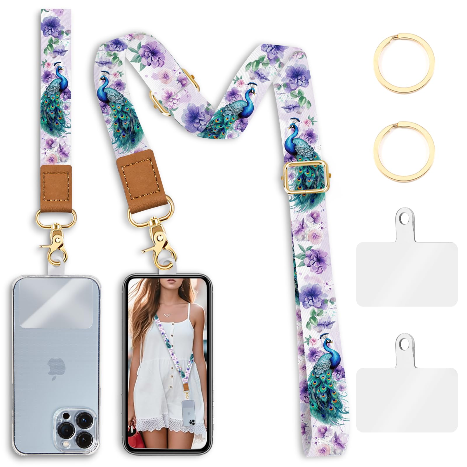 Piefly Phone Lanyard Crossbody Wrist Strap, Peacock Floral Cell Phone Lanyards For Around The Neck Wristlet Shoulder, Adjustable