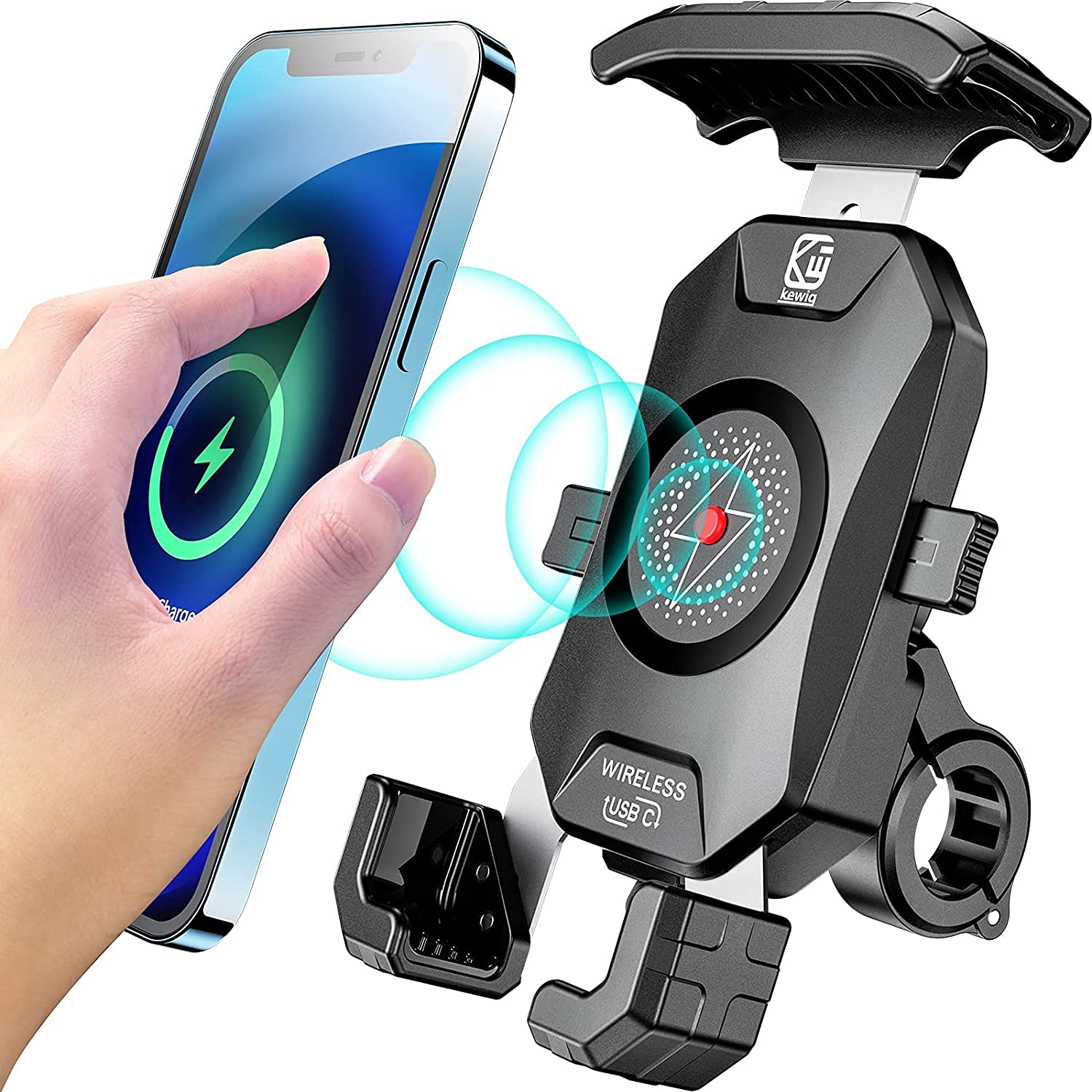 Kewig Waterproof Motorcycle Phone Mount Qi 15W Wireless & Usb C 20W Fast Chargeing Port, One Push Automatically Lock & Quick Rel
