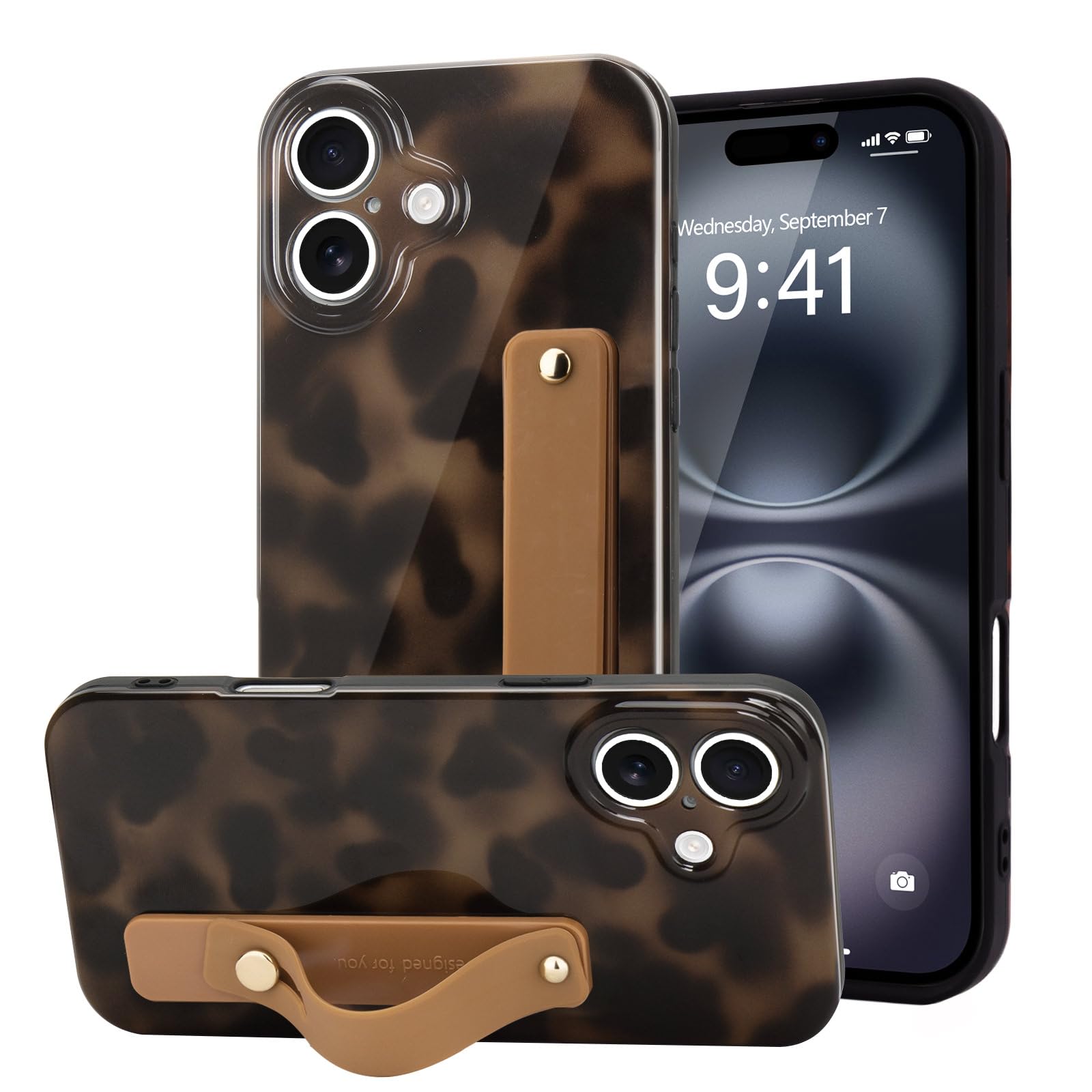 LAPOPNUT for iPhone 16 Case with Wrist Strap, Cheetah Leopard Tortoise Shell Print Shockproof Soft TPU Protective Case Women Gir