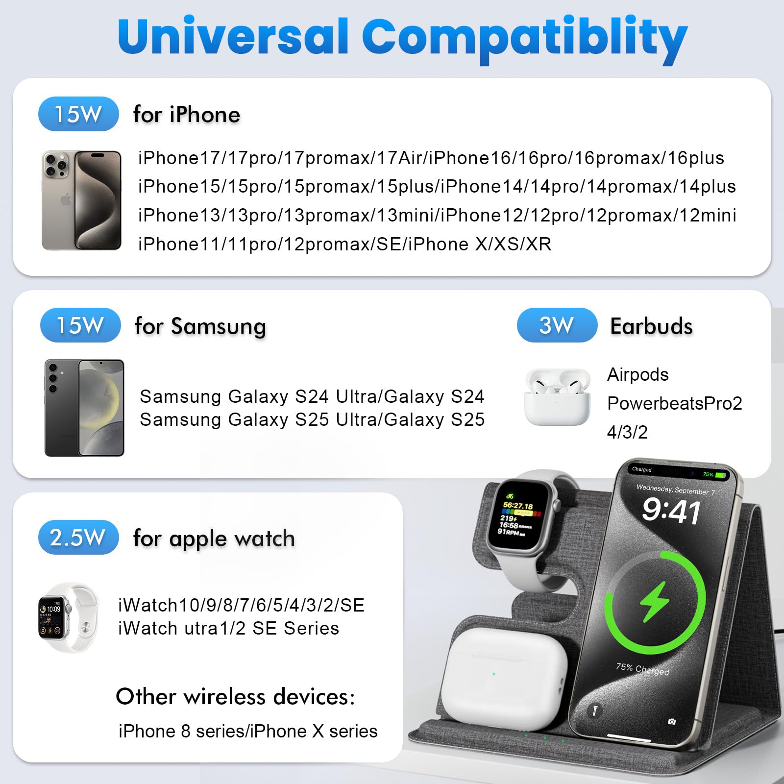 Wireless Charger Iphone Charging Station, 3 In 1 Charger Stand For Apple Multiple Devices Iphone 17Plus 17 16E 16 15 14 13 12 Pr