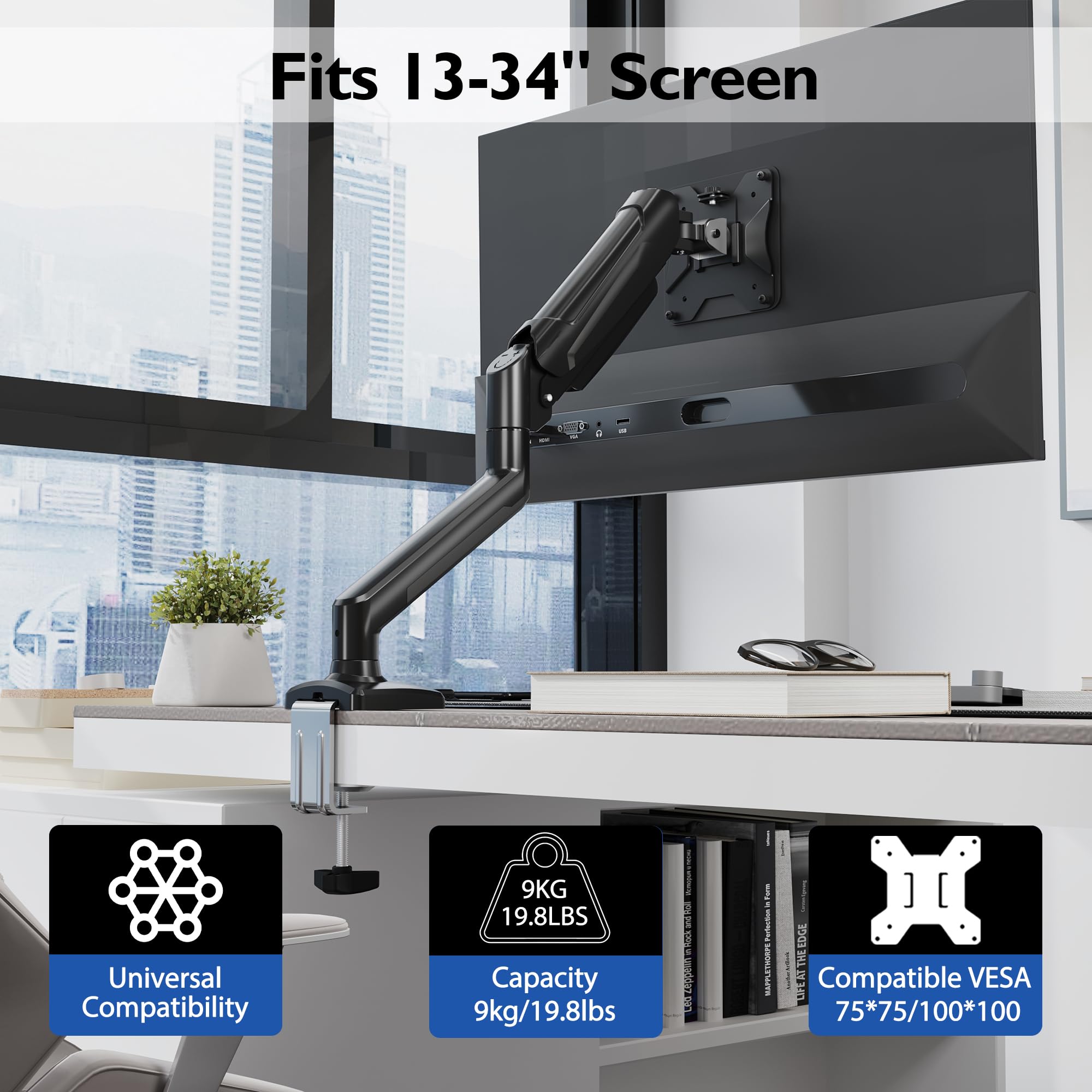 Bontec Single Arm Monitor Desk Mount For 13 To 34 Inch Screen, Tilt, Swivel, Rotation, Ergonomic Gas Spring Monitor Stand With C