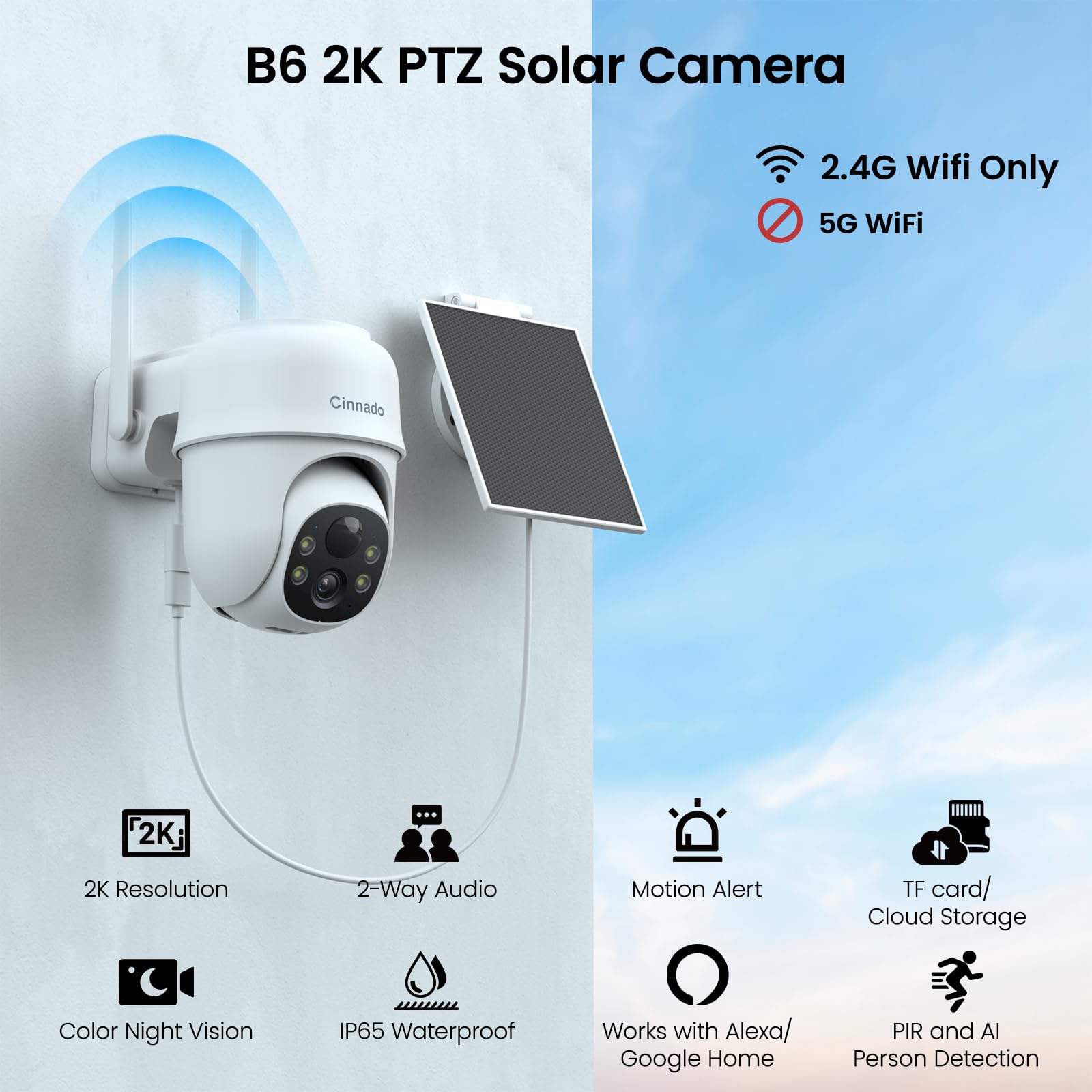 2K Cameras For Home Security 2.4G Wifi Outdoor Camera Wireless Solar/Battery Powered, 360 Viewing, Human Detection, Color Night
