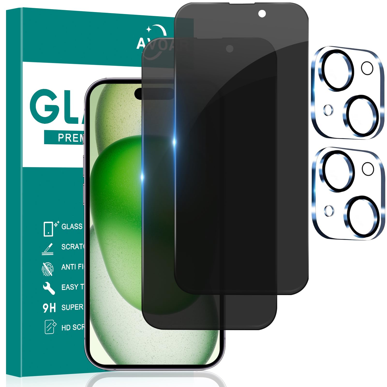 Avoar [2+2 Pack Privacy Screen Protector For Iphone 15 Plus With Camera Lens Protector, 6.7 Inch Tempered Full Screen Glass Acce