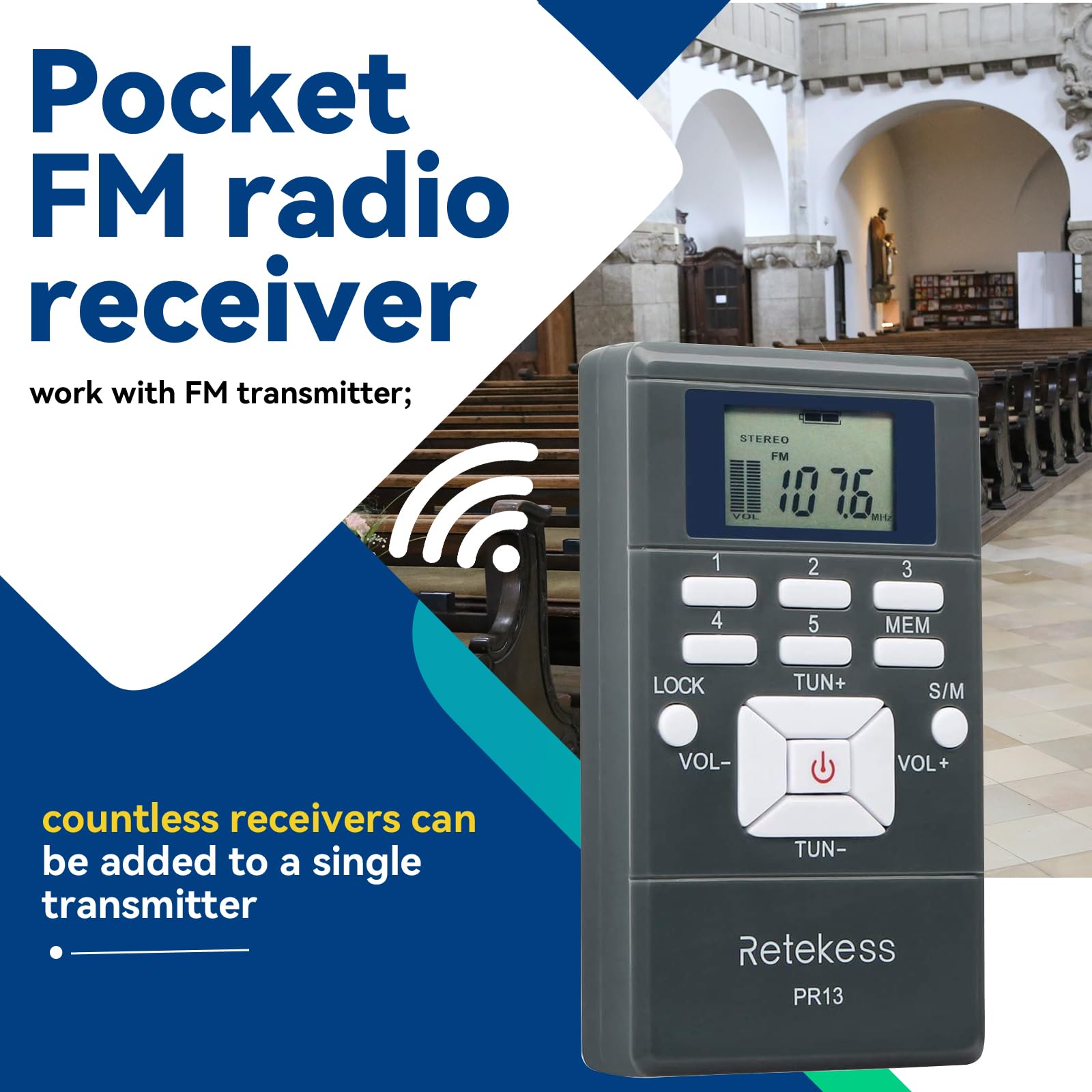 Retekess Pr13 Portable Fm Receiver, Mini Fm Radio Dsp With 24 Hour Clock For Drive-In Church, Teaching, Simultaneous Translation