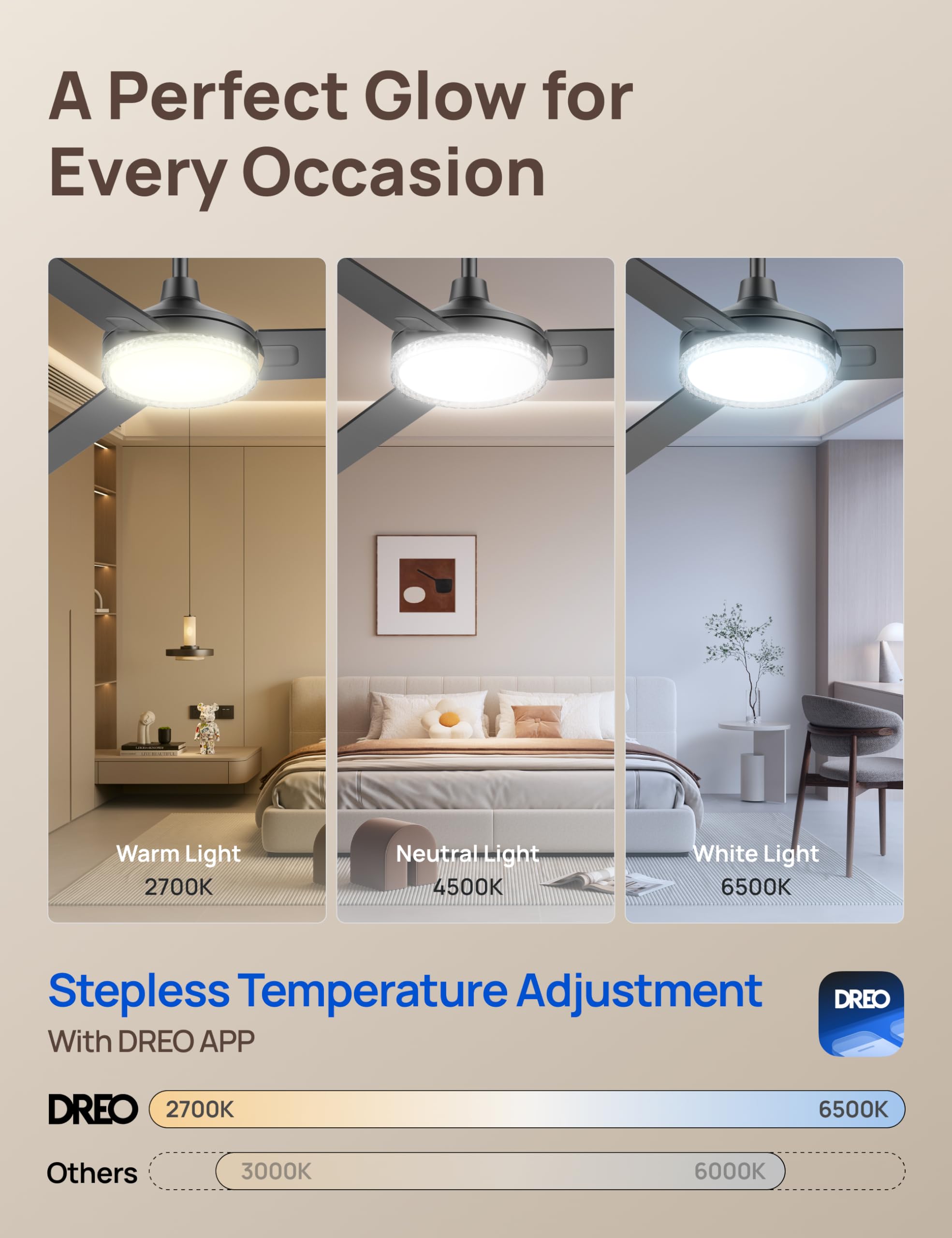 Dreo 52 Inch Smart Black Ceiling Fans With Lights, 12 Speeds & 3 Fan Modes, Stepless Color Tones, Dimmable Led Light, 1-12H Time