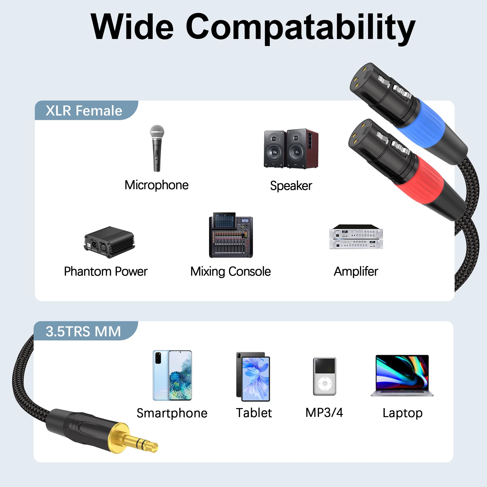 Hosongin 3.5Mm Trs To Dual Xlr Female Cable 6Ft, Braided Stereo Audio Splitter For Podcast, Dslr Camera, Mic, Mixer, Interface -