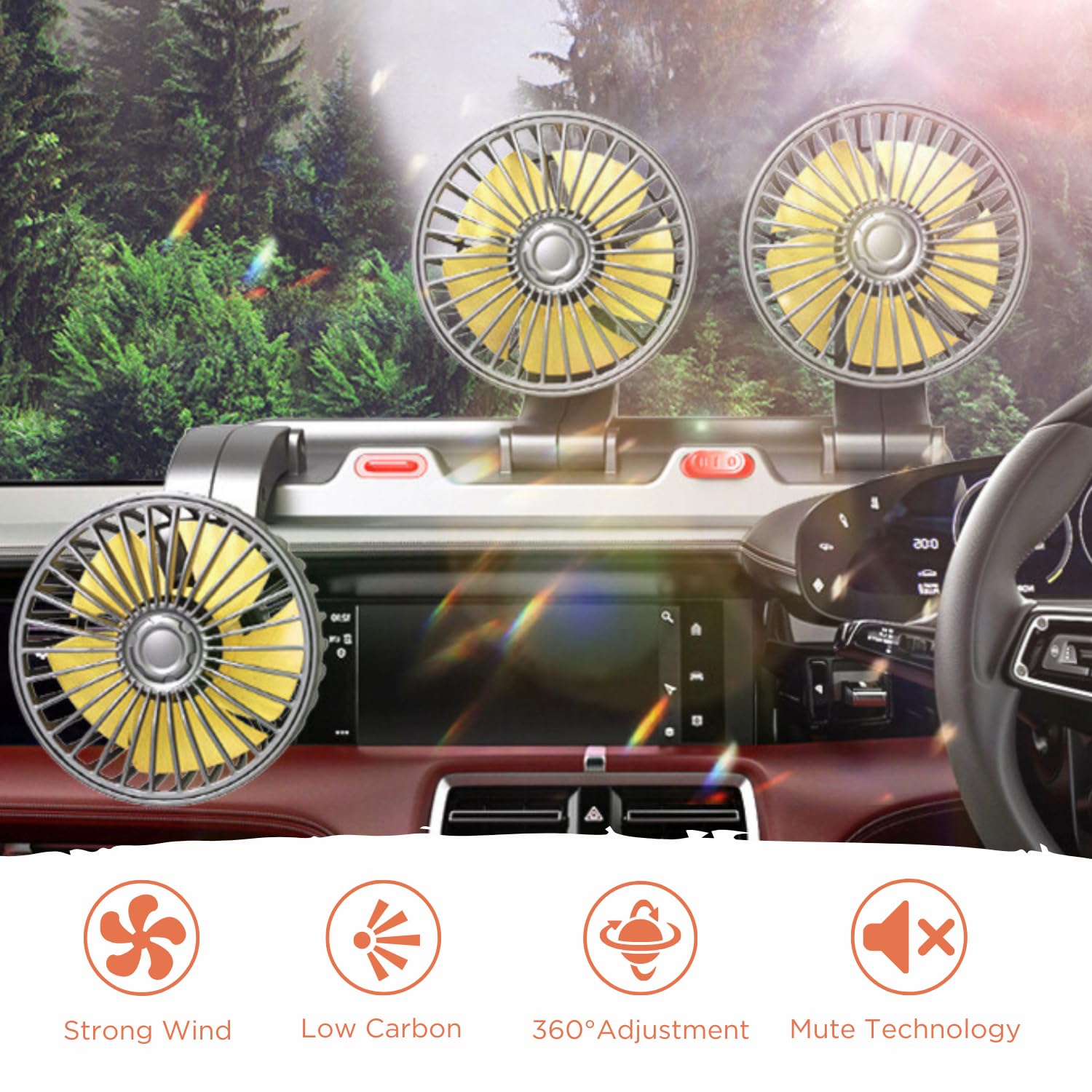 Crethinkaty 12V Car Cooling Three Head Fan, 360 Rotation, 2 Speed Adjustable, 51 Inch Cord Length, Portable Car Cooling Fan For