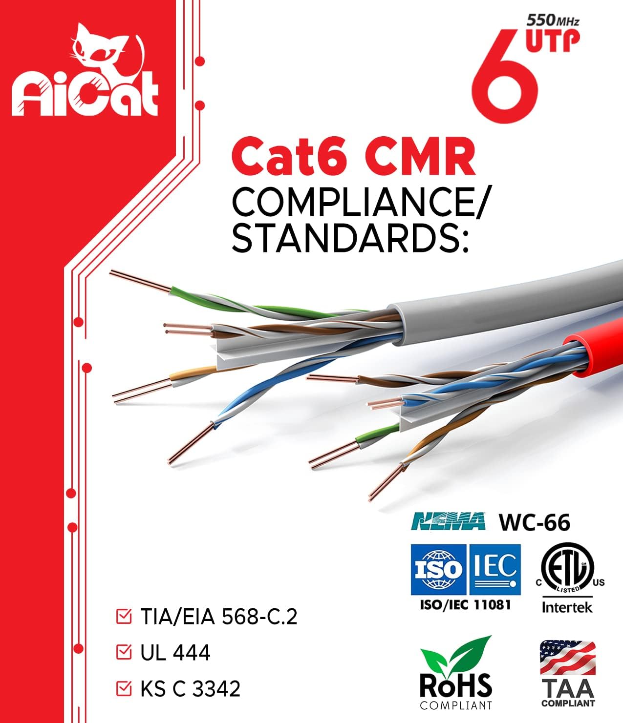 Aicat Cat 6 Ethernet Cable 1000Ft   23 Awg, Cmr, Insulated Solid Bare Copper Wire Cat6 Cable With Noise Reducing Cross Separator