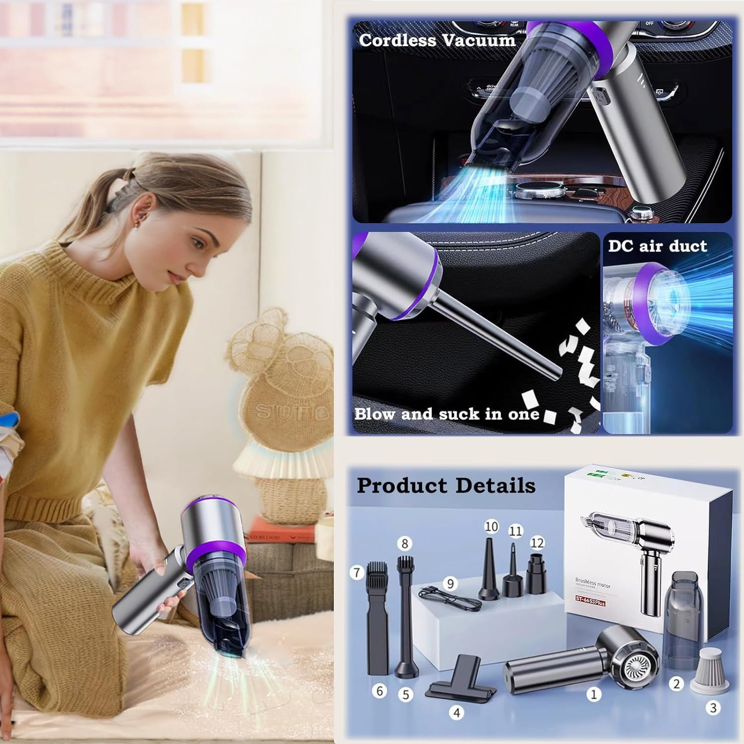 Airified Pro Car Vacuum, 3 In 1 New Pro V2 Portable 29000 Pa Suction Air Blower/Car Vacuum, Rechargeable High Power Cordless Vac