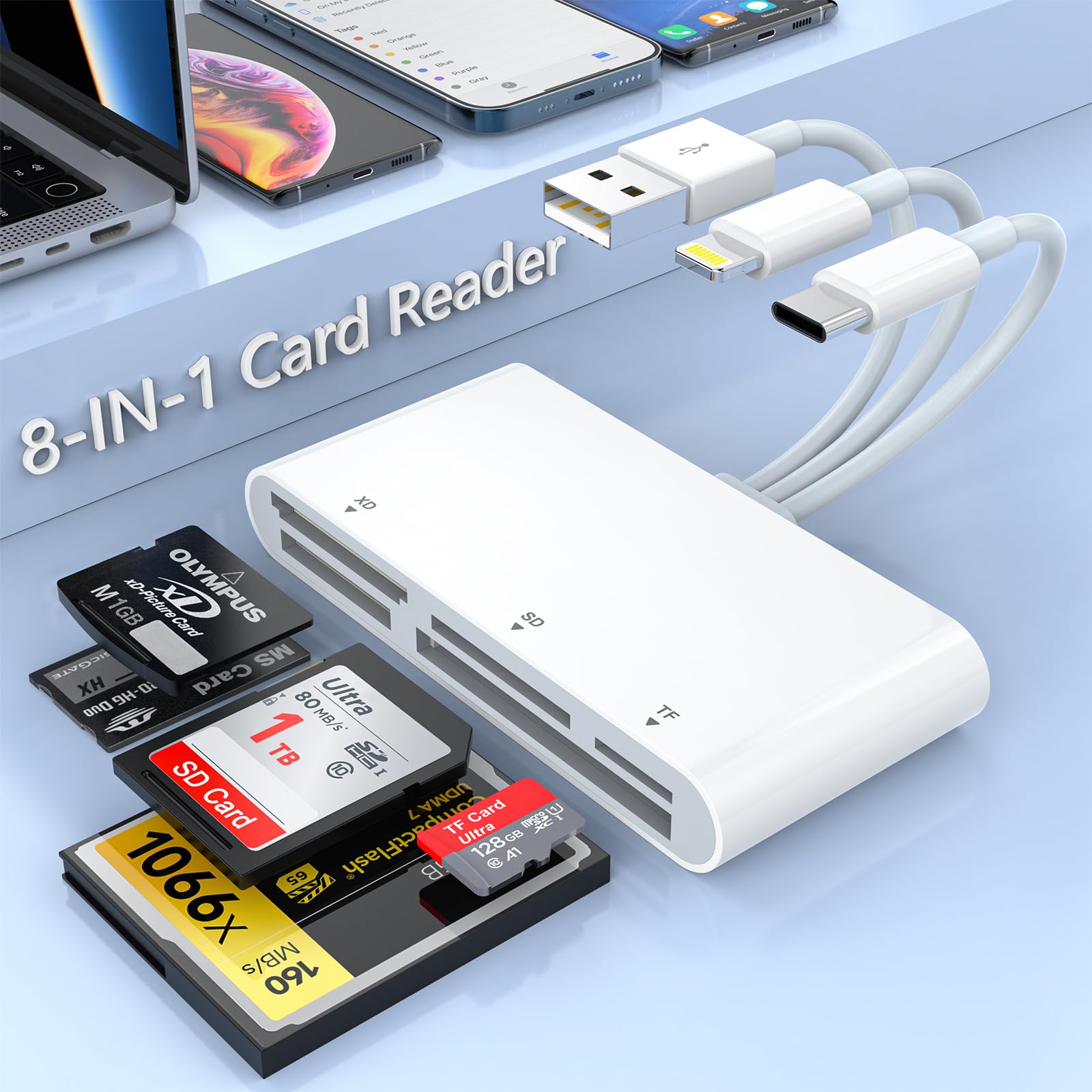 8 In 1 Multi Memory Card Reader Usb C Lightning Usb Multi Card Reader For Sd Cf Xd Ms Micro Sd Tf, Sd Card Reader Adapter For Fo