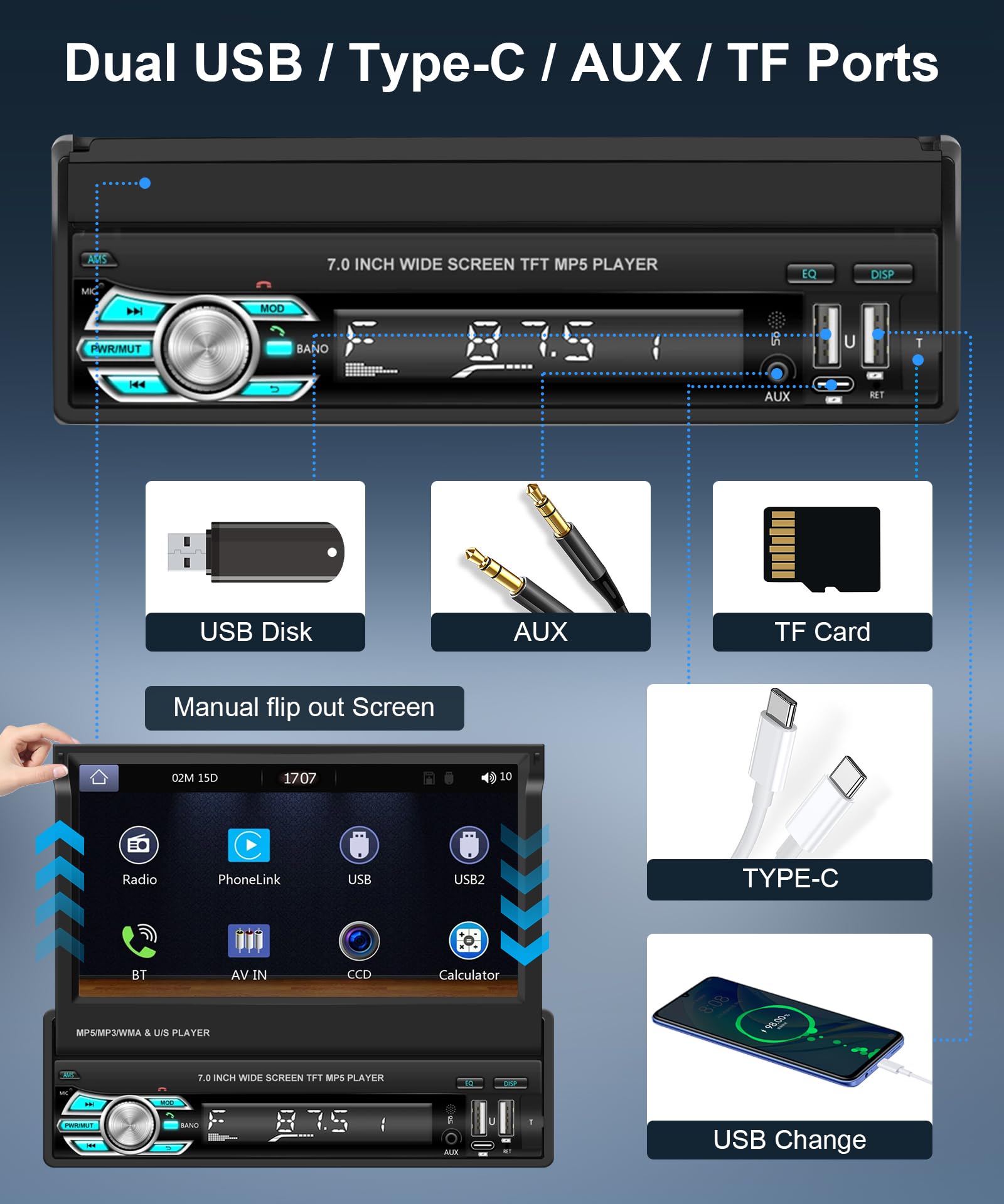 Podofo Wireless Carplay Single Din Car Stereo 7 Inch Hd Flip Out Touchscreen Car Radio With Wireless Car Play Android Auto, Bluetooth, Type C/Usb/Tf/Aux, Swc, Fm, Voice Control, Backup Camera