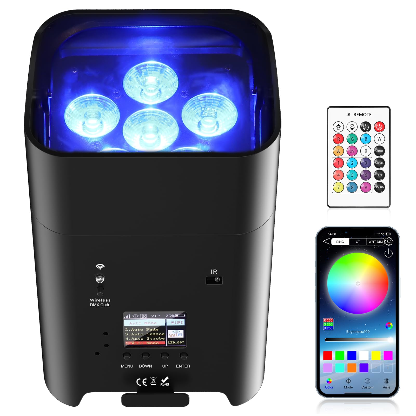 Battery Powered Uplights Rechargeable Par Can 6x18W RGBWA+UV LED Uplight 9600 mAh Remote/APP/DMX512 Control Stage Lights Uplight