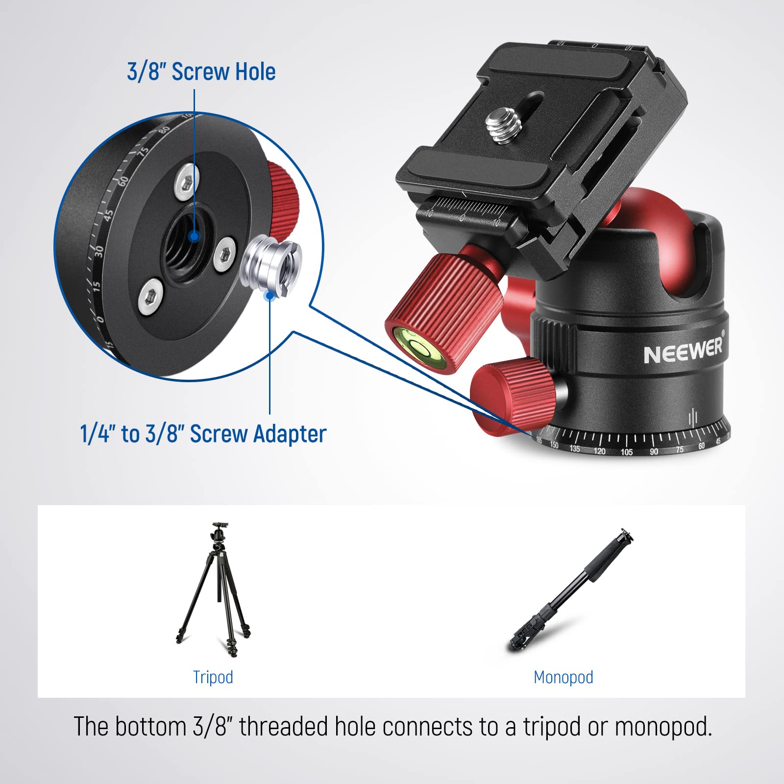 Neewer Tripod Head, 360 Rotating Panoramic Ball Head With 1/4    Quick Shoe Plate For Tripod Monopod Slider Dslr Camera Camcorde