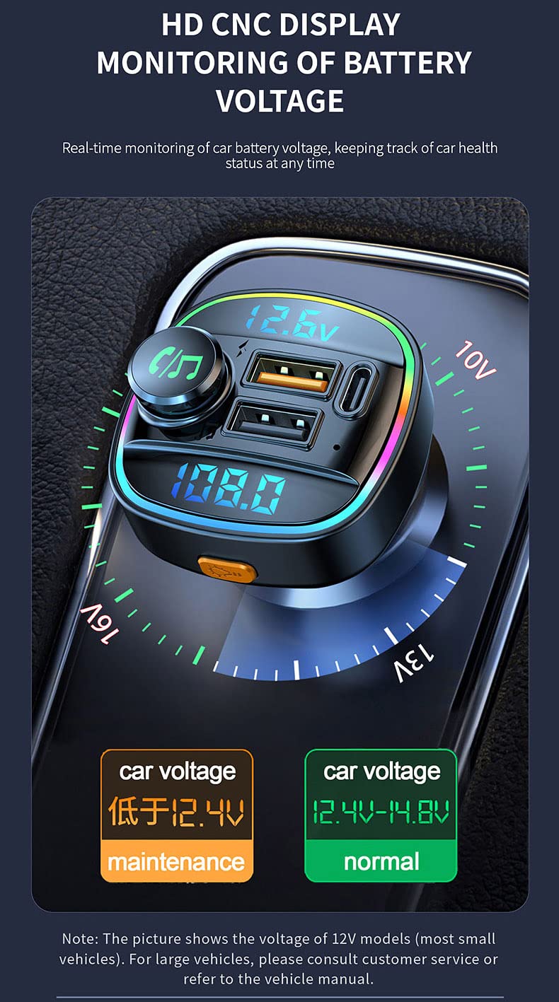 Ohitec Bluetooth Fm Transmitter For Car, Hands Free Calling, Dual Screens Display, Qc3.0 & Usb C Pd 20W Quick Charger & 7 Colors