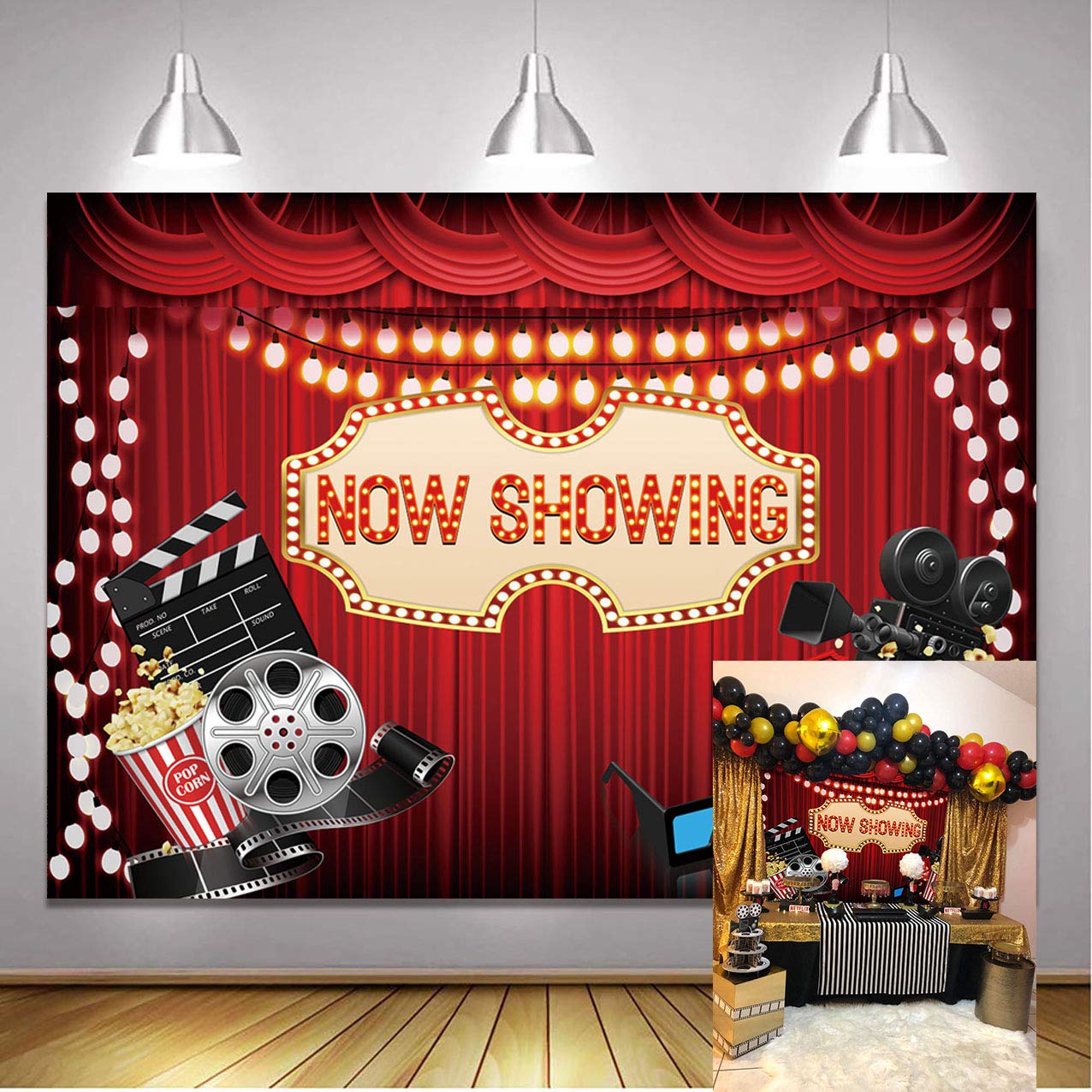 BINQOO Movie Night Backdrop Now Showing Red Photography Backdrop Movie Cinema Night Birthday Party Decorations Banner Photo Boot